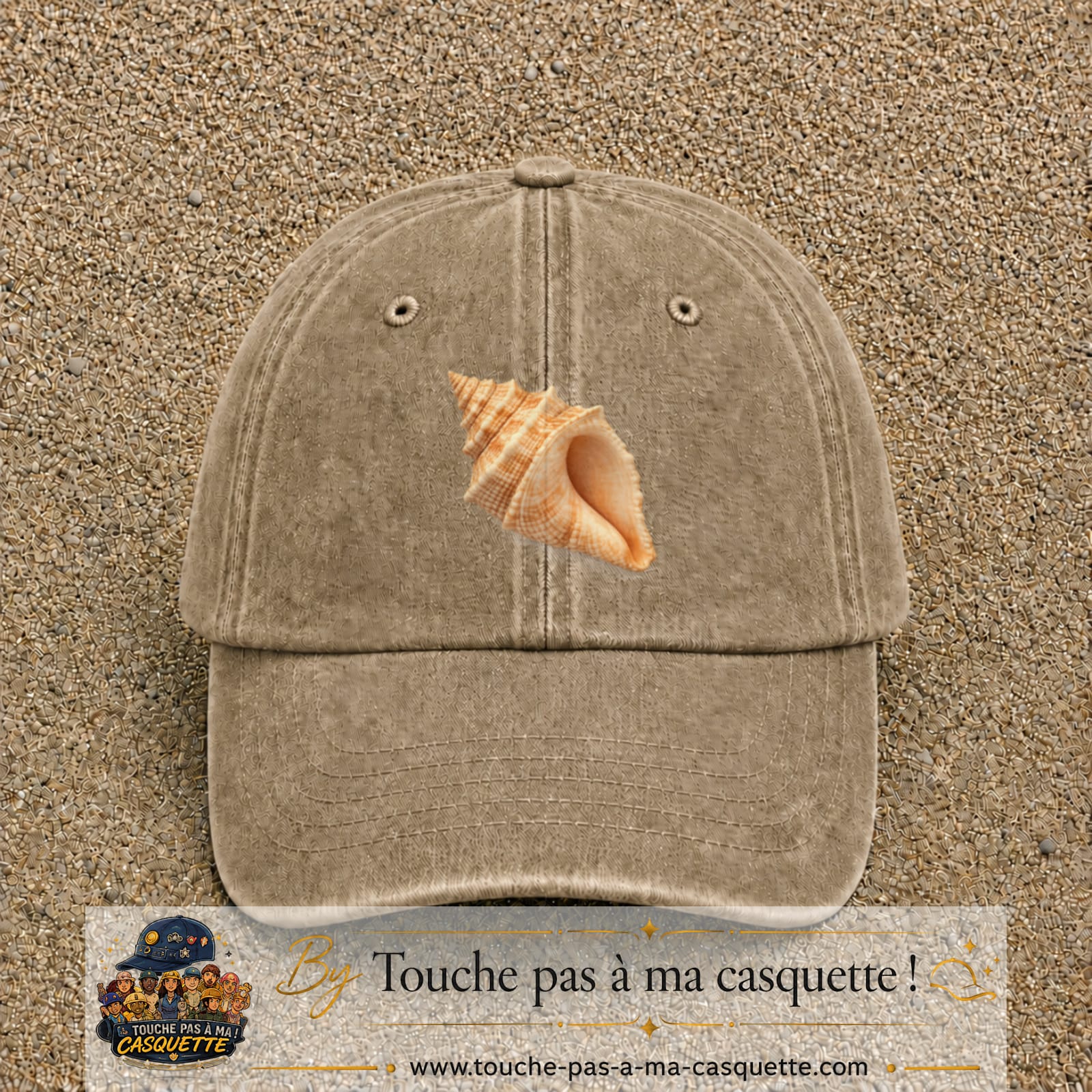 Casquette baseball Beige foncé délavé 100% coton avec visuel Coquillage marin 7 cm - image produit principale