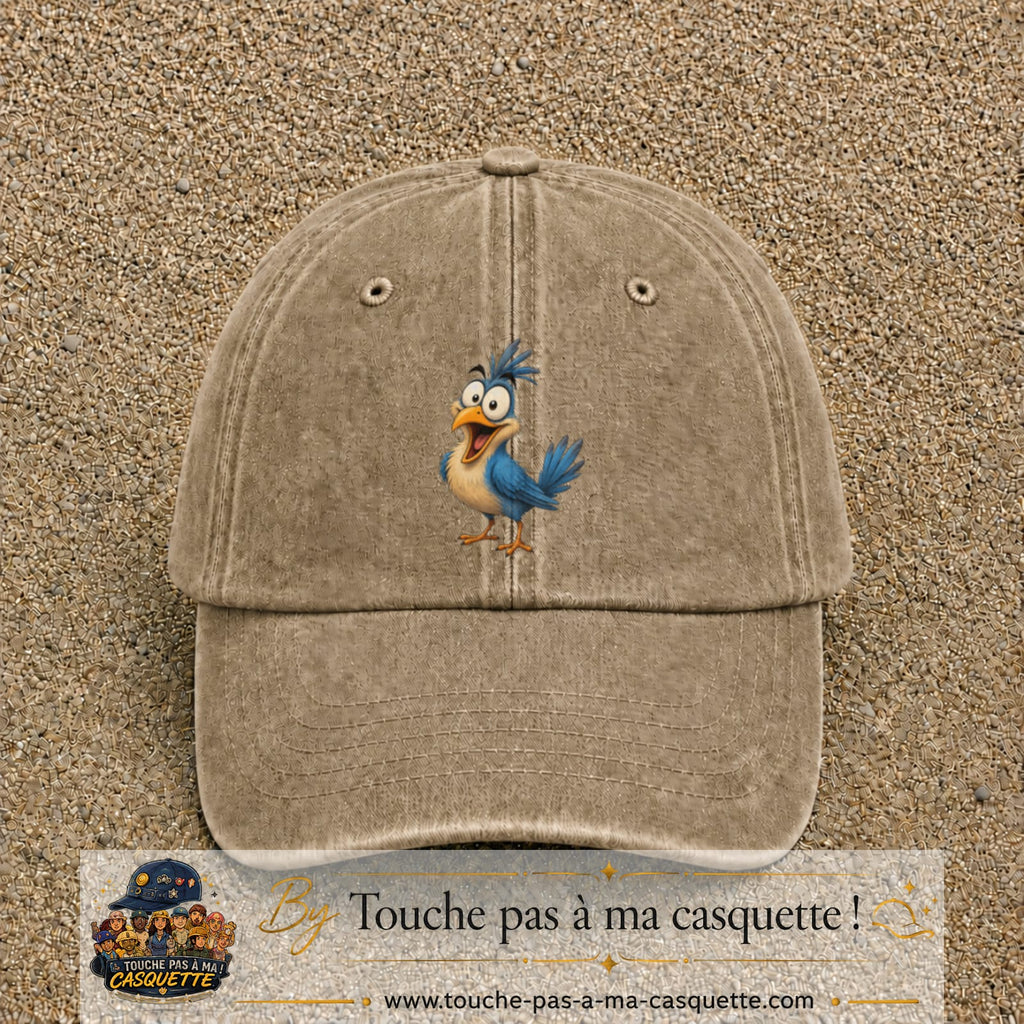 Casquette baseball Beige foncé délavé 100% coton avec visuel Oiseau farceur 7 cm - image produit principale