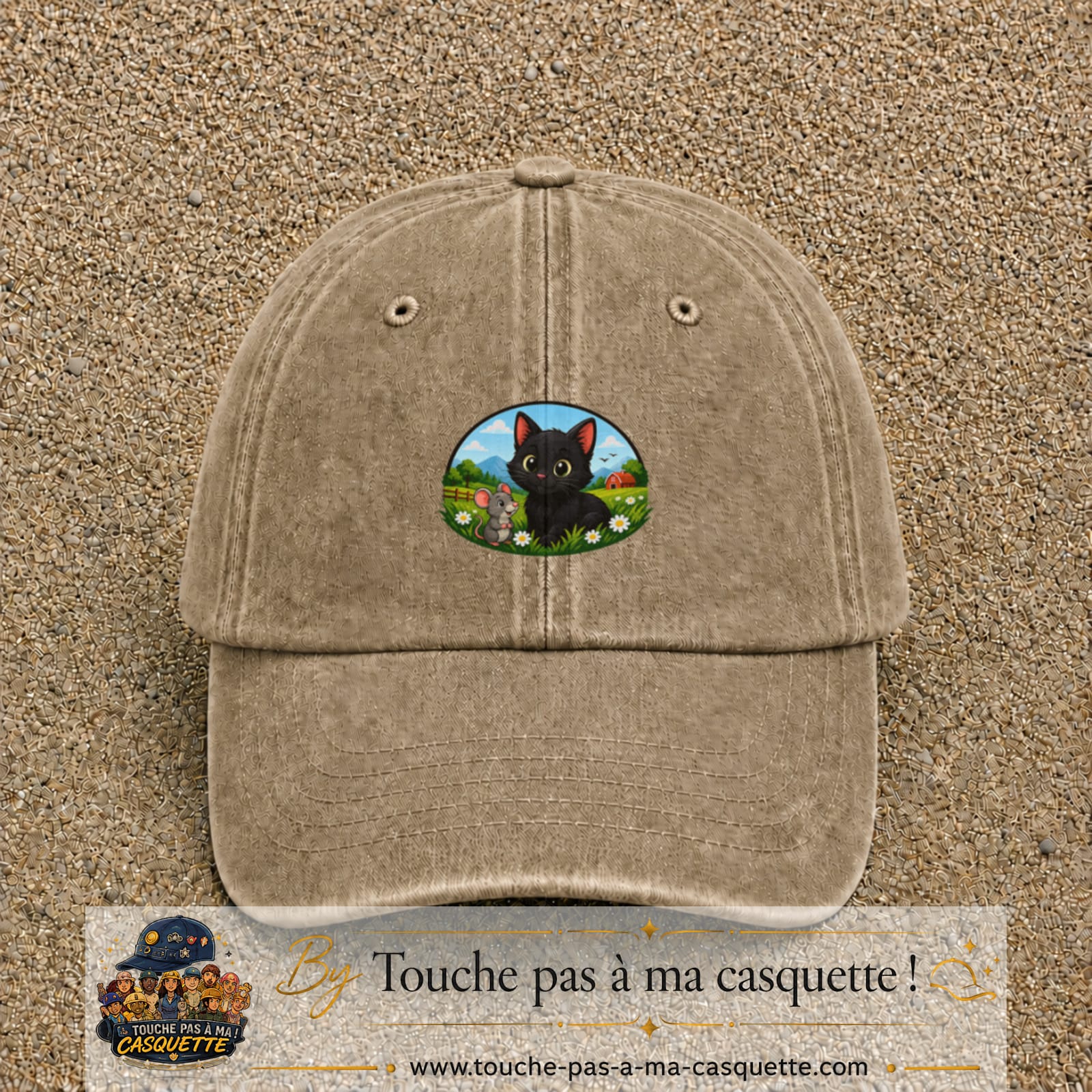 Casquette baseball Beige foncé délavé 100% coton avec visuel Chat et souris à la ferme 5 cm - image produit principale