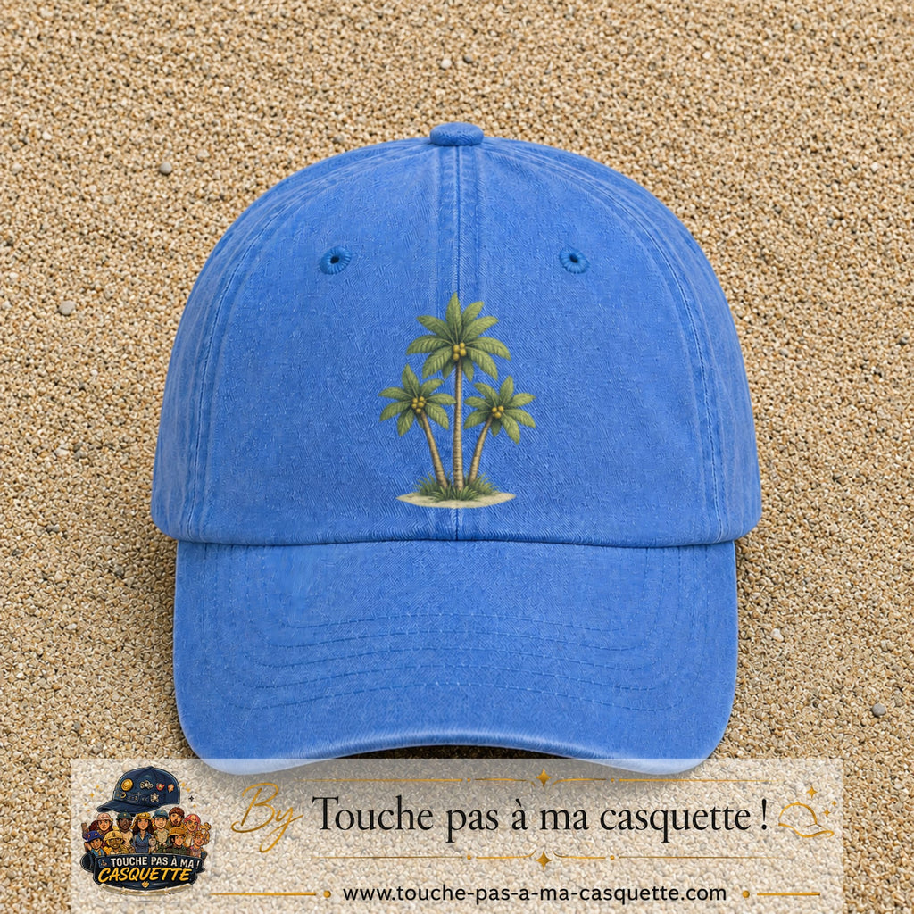 Image principale produit55grosBLC - casquette Bleu ciel délavé avec visuel Palmiers 7 cm
