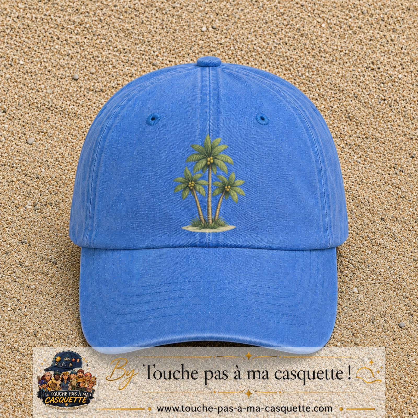 Image principale produit55grosBLC - casquette Bleu ciel délavé avec visuel Palmiers 7 cm