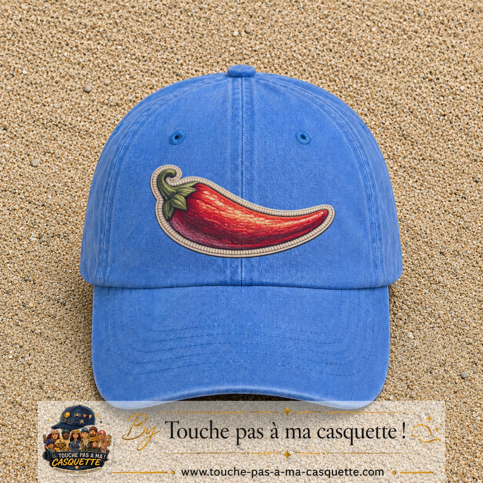 Image principale produit198grosBLC - casquette Bleu ciel délavé avec visuel Piment 7 cm