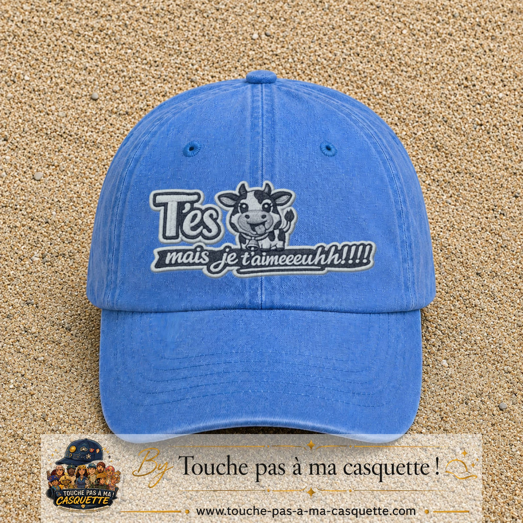 Image principale produit122grosBLC - casquette Bleu ciel délavé avec visuel Vache message français 7 cm