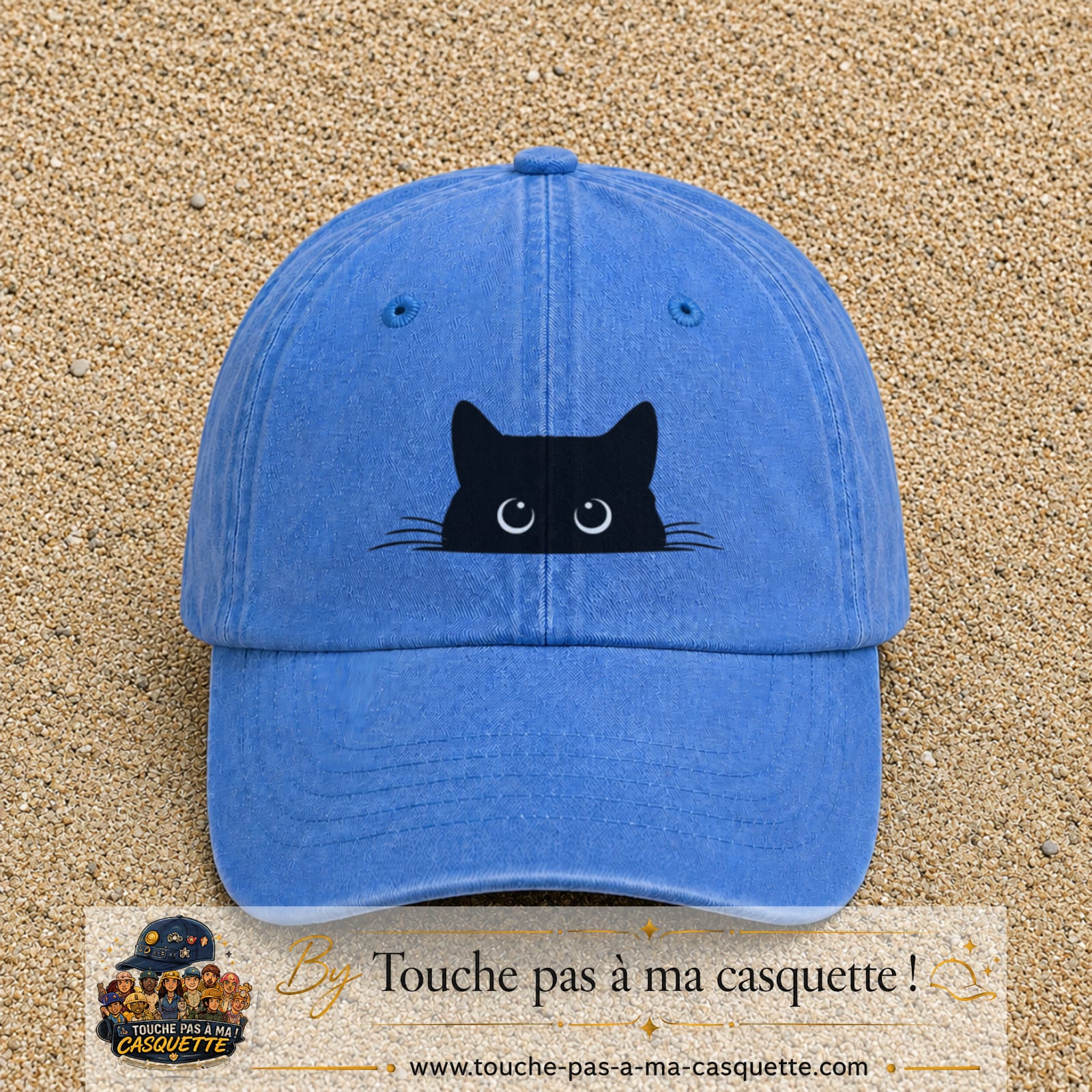 Image principale produit16moyenBLC - casquette Bleu ciel délavé avec visuel Chat noir caché yeux ronds 5 cm