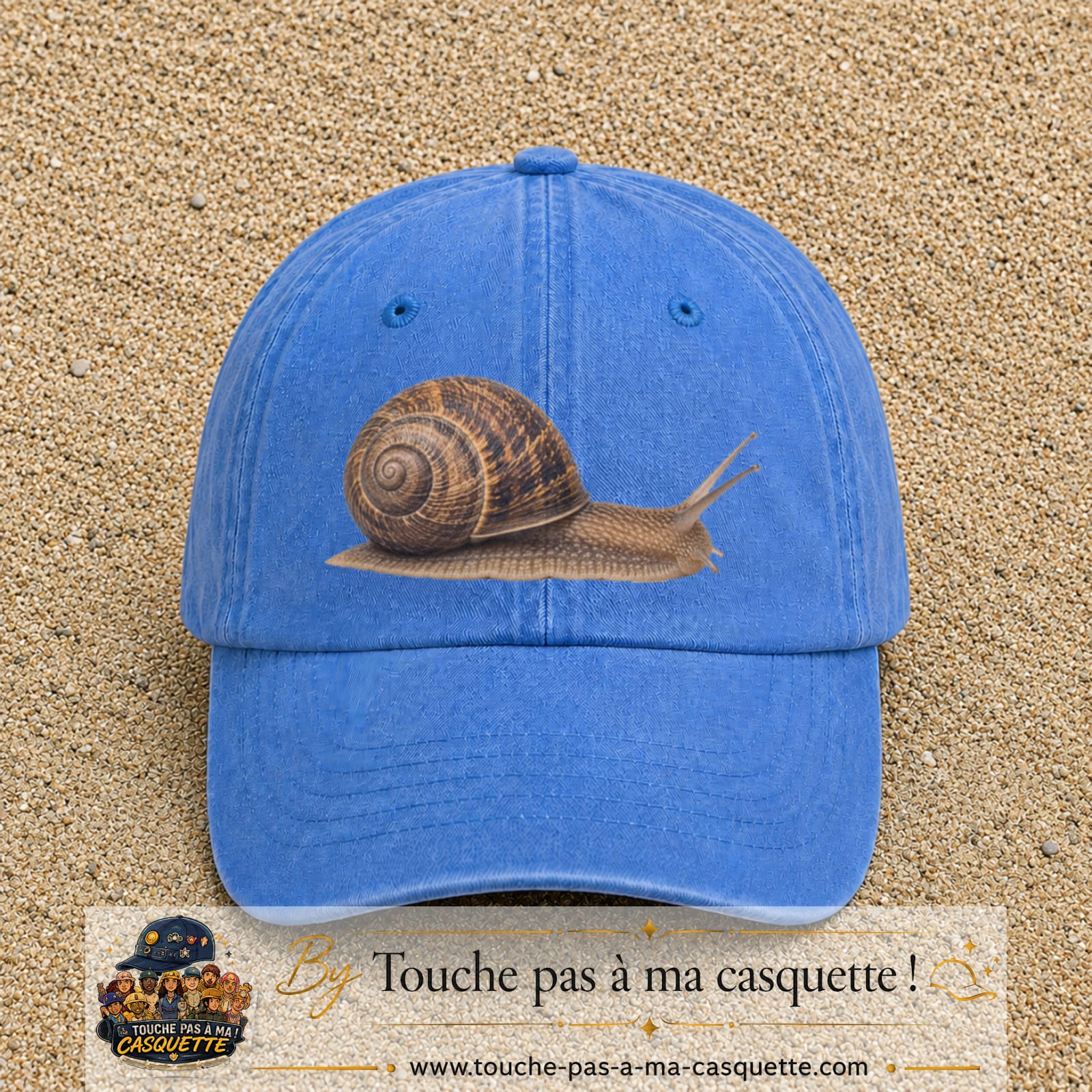 Image principale produit74grosBLC - casquette Bleu ciel délavé avec visuel Escargot 7 cm