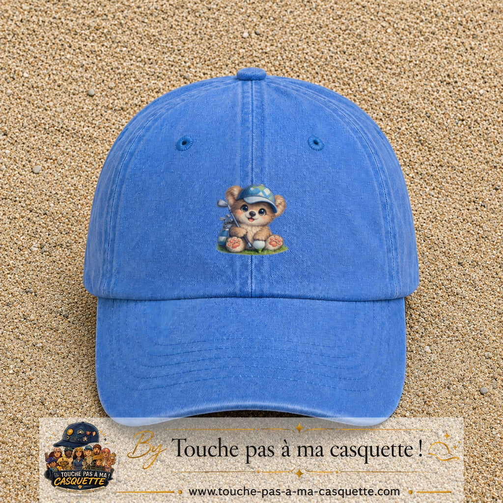 Image principale produit89moyenBLC - casquette Bleu ciel délavé avec visuel Ourson golf 5 cm
