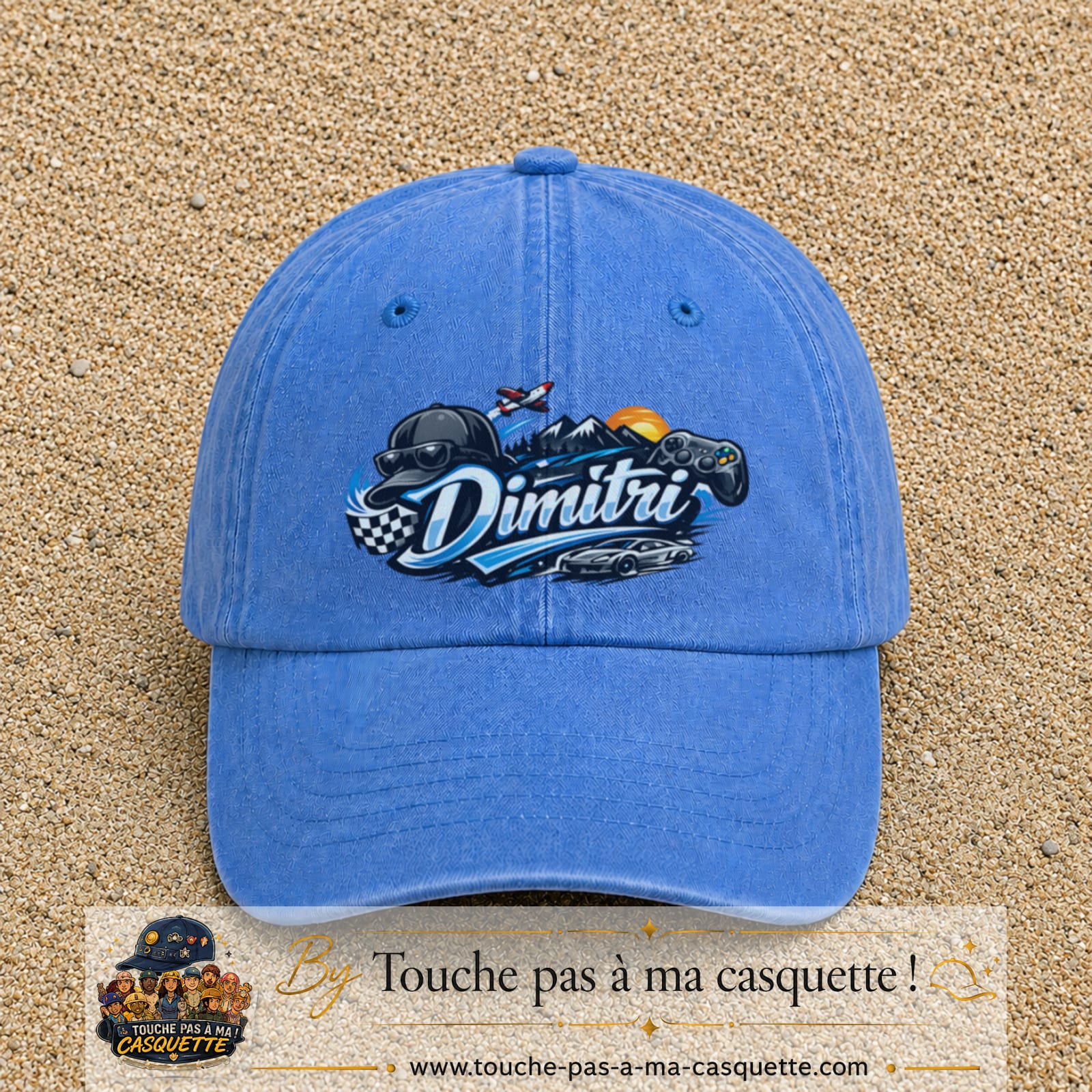 Casquette Bleu ciel délavé avec motif Prénom Dimitri univers vitesse en 7 cm – vue principale