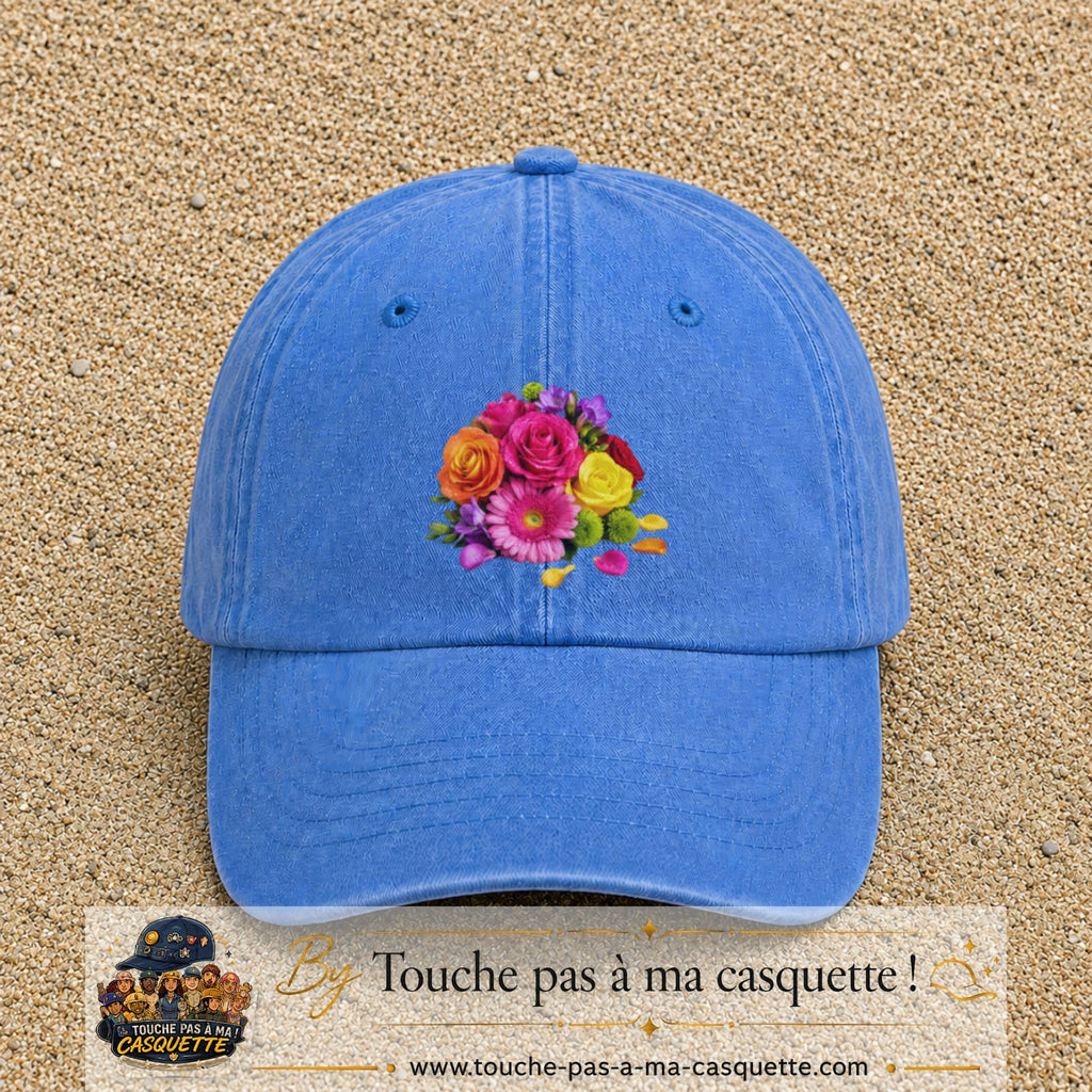 Casquette Bleu ciel délavé motif Bouquet de fleurs logo 7 cm