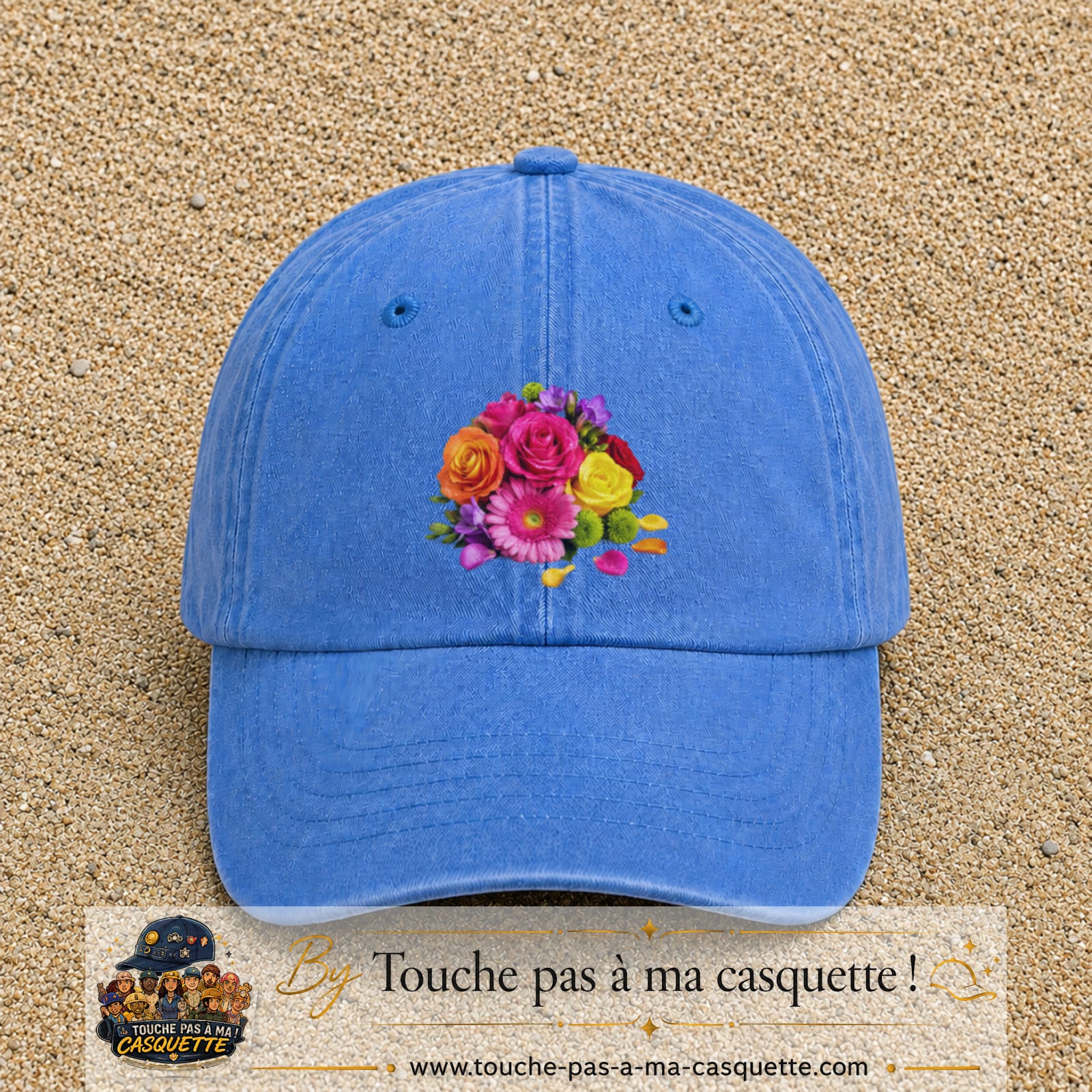 Casquette Bleu ciel délavé motif Bouquet de fleurs logo 7 cm