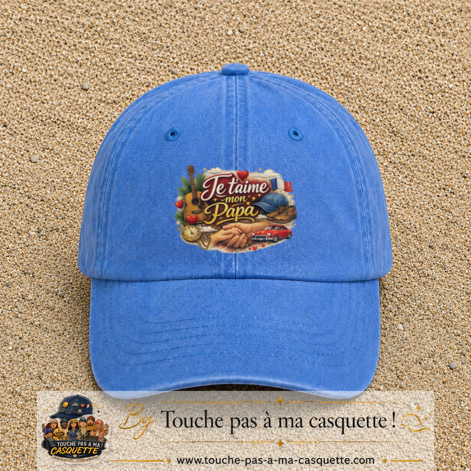 Casquette Bleu ciel délavé avec motif Je t’aime mon Papa et ses passions en 7 cm – vue principale