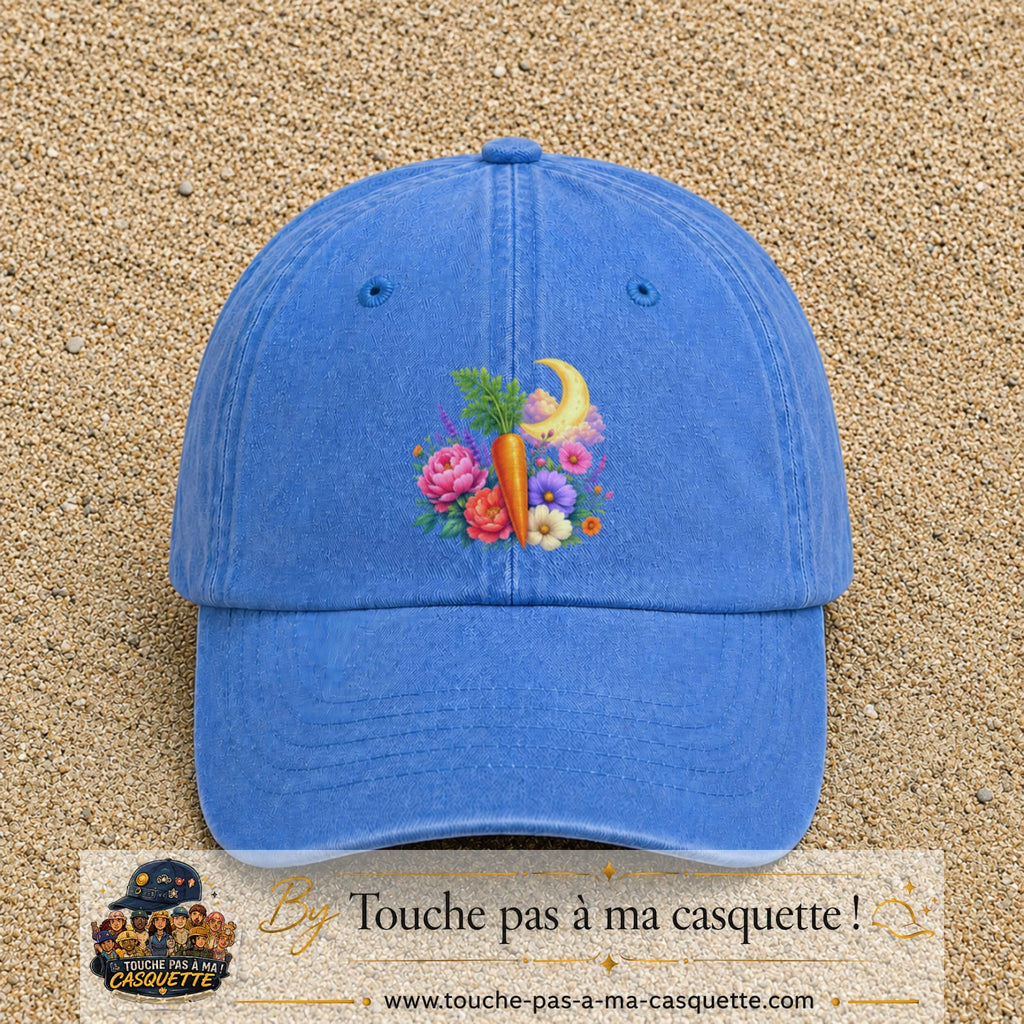 Casquette Bleu ciel délavé motif Jardin carotte fleuri logo 7 cm