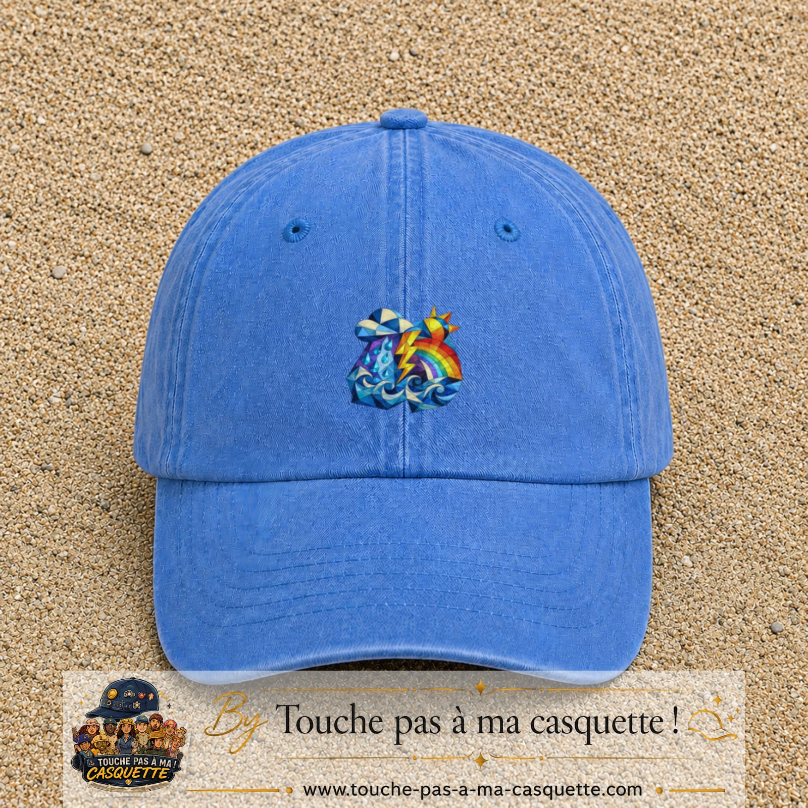 Image principale casquette Bleu ciel délavé avec motif Orage arc-en-ciel 5 cm