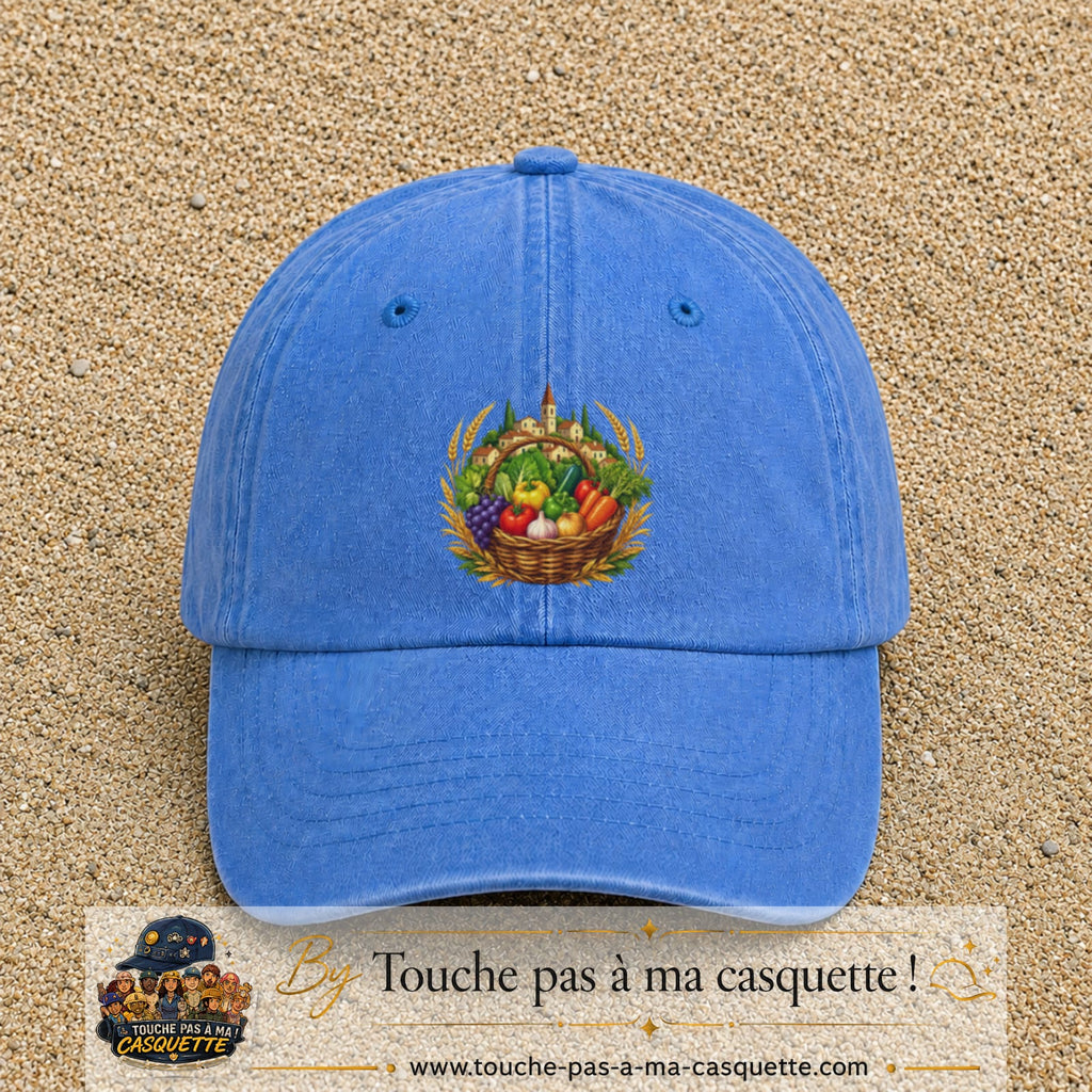 Casquette Bleu ciel délavé motif Panier de récolte logo 7 cm