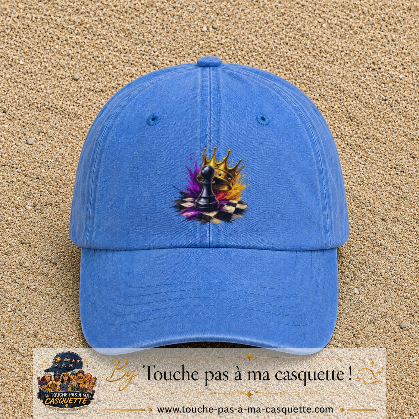 Image principale casquette Bleu ciel délavé avec motif Échecs couronnés 7 cm