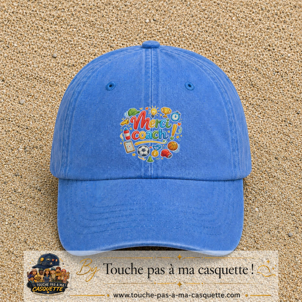 Casquette Bleu ciel délavé avec motif Merci coach multisport en 7 cm – vue principale