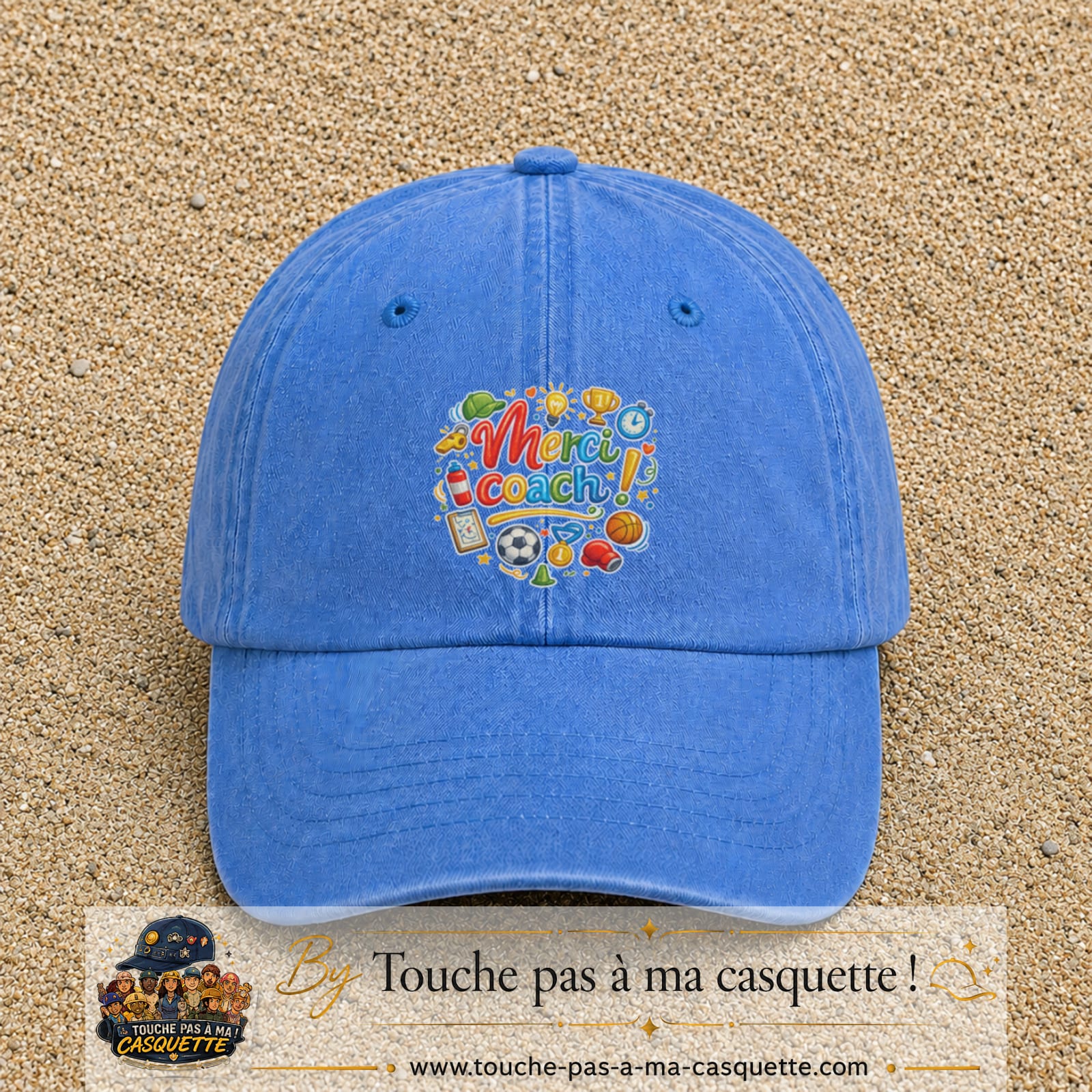Casquette Bleu ciel délavé avec motif Merci coach multisport en 7 cm – vue principale