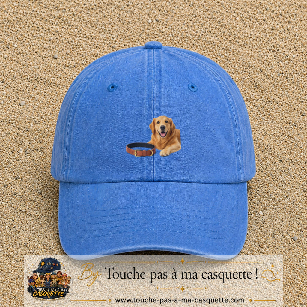 Image principale casquette Bleu ciel délavé avec motif Chien avec collier 5 cm