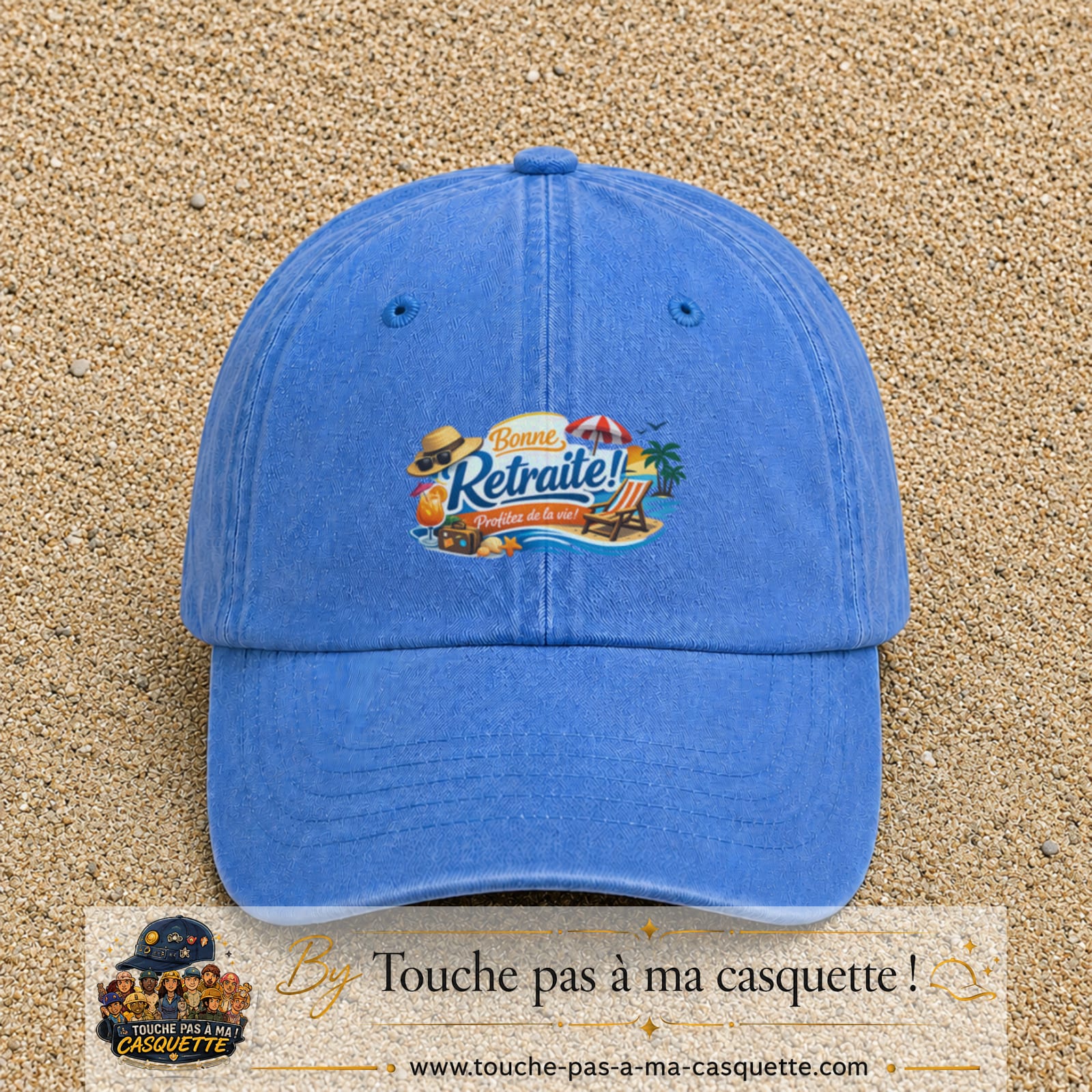 Casquette Bleu ciel délavé avec motif Bonne retraite au bord de la mer en 5 cm – vue principale