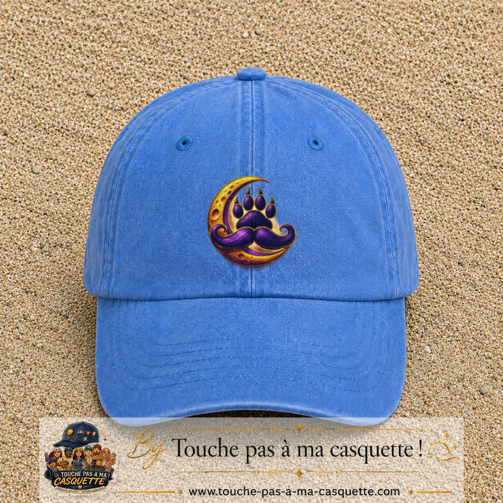 Casquette Bleu ciel délavé avec motif Patte moustachue sur lune en 7 cm – vue principale