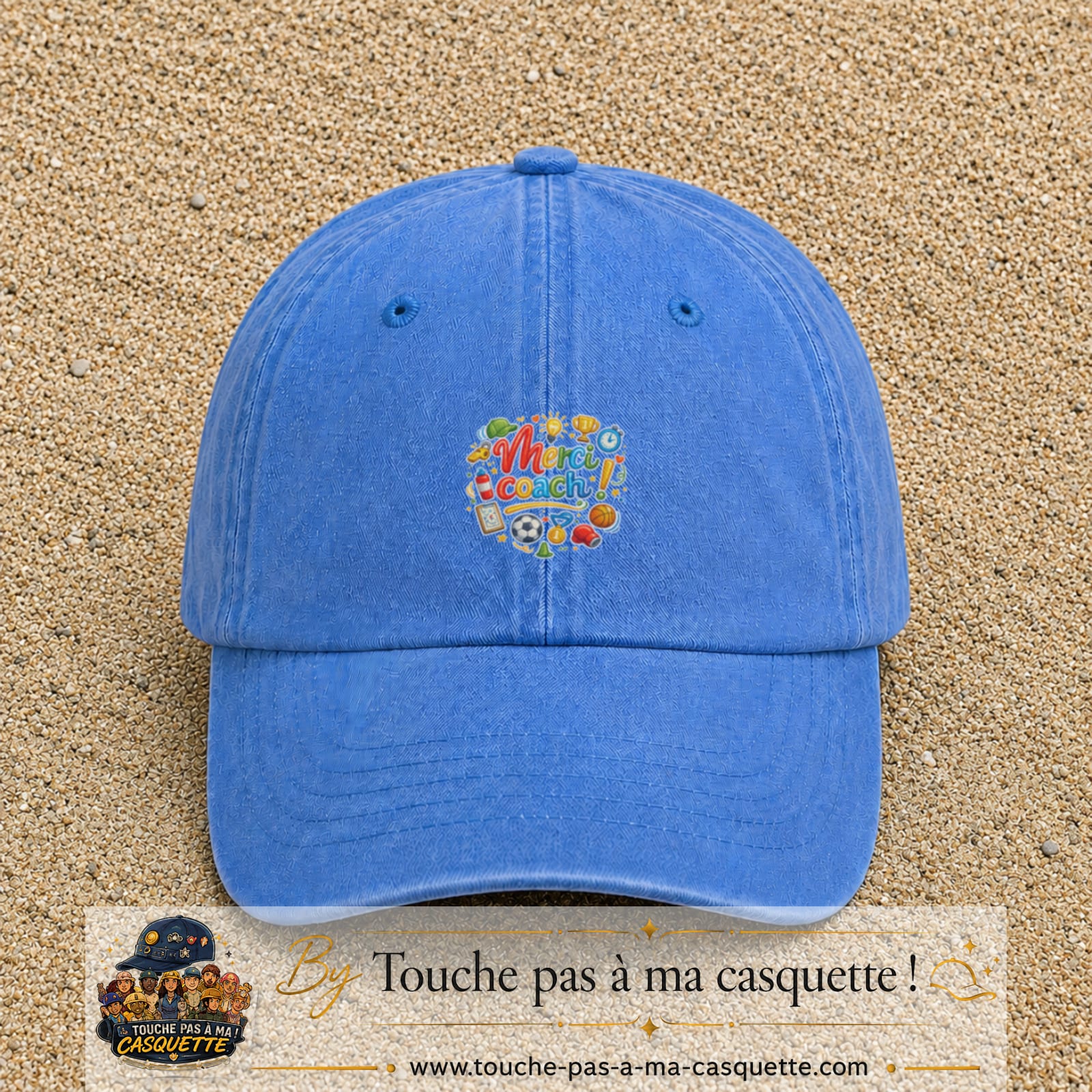 Casquette Bleu ciel délavé avec motif Merci coach multisport en 5 cm – vue principale