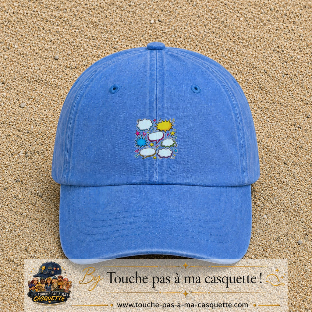 Casquette Bleu ciel délavé motif Bulles de bande dessinée logo 5 cm