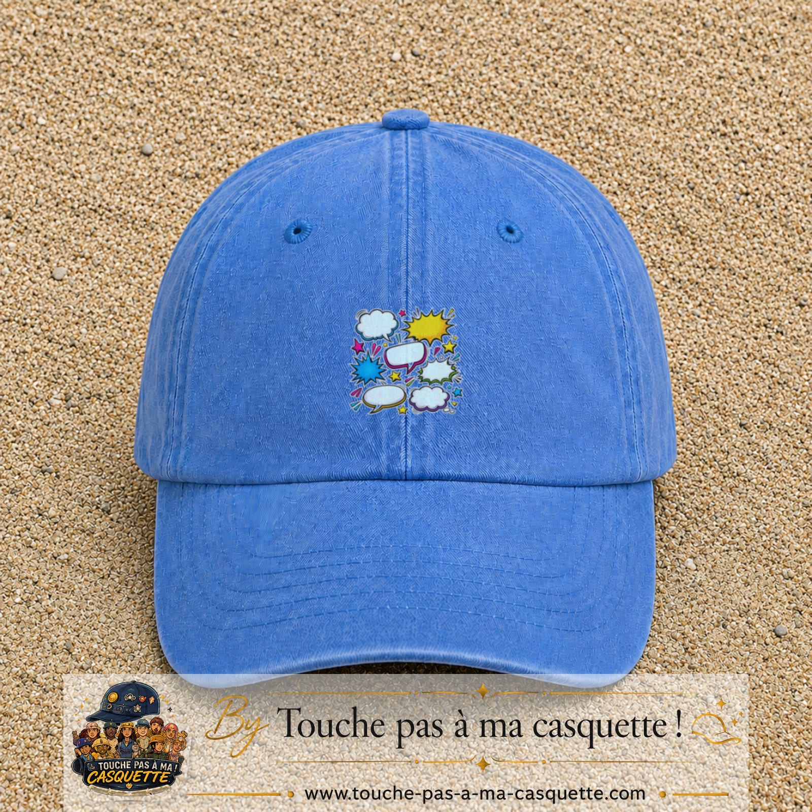 Casquette Bleu ciel délavé motif Bulles de bande dessinée logo 5 cm