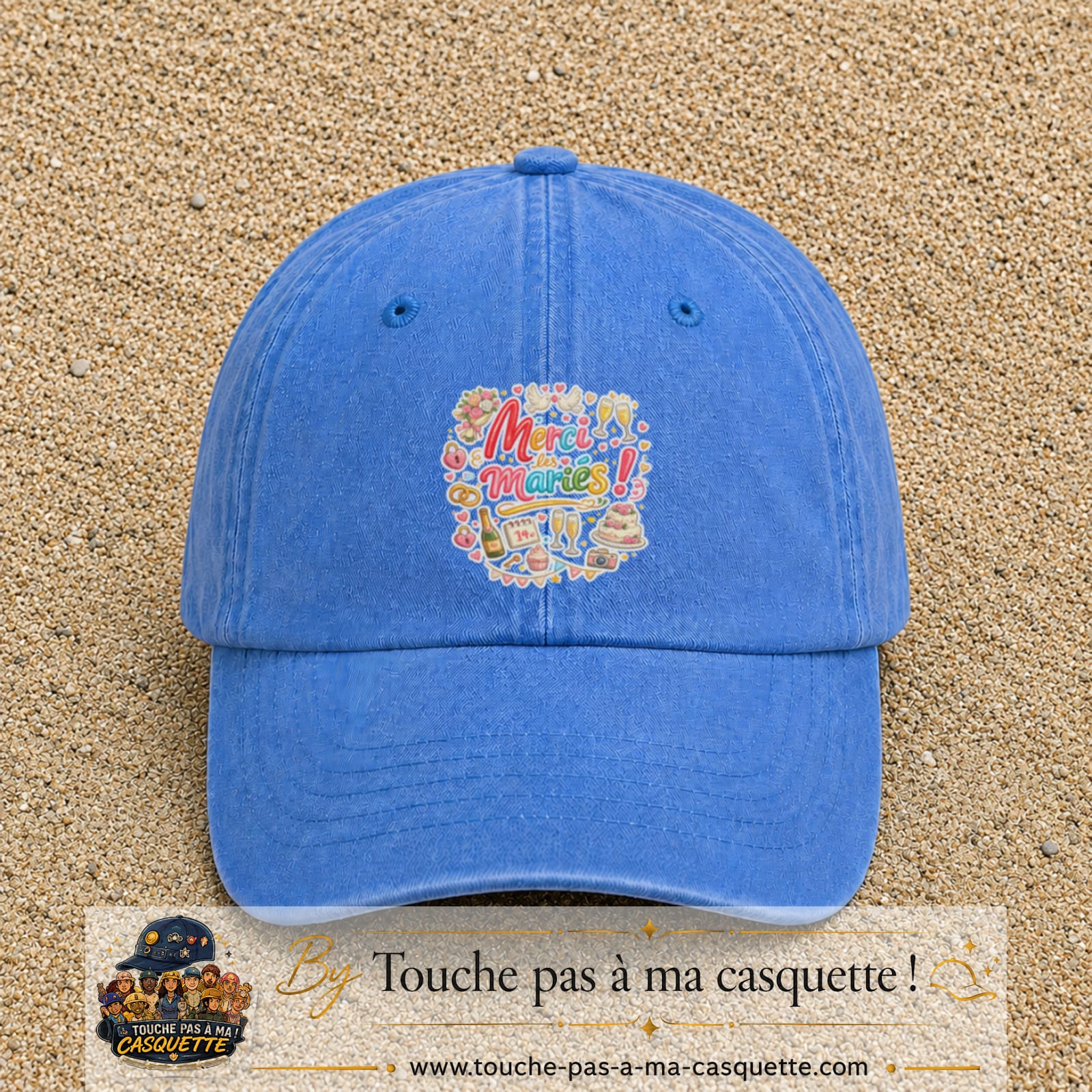 Casquette Bleu ciel délavé avec motif Merci les Mariés en 7 cm – vue principale