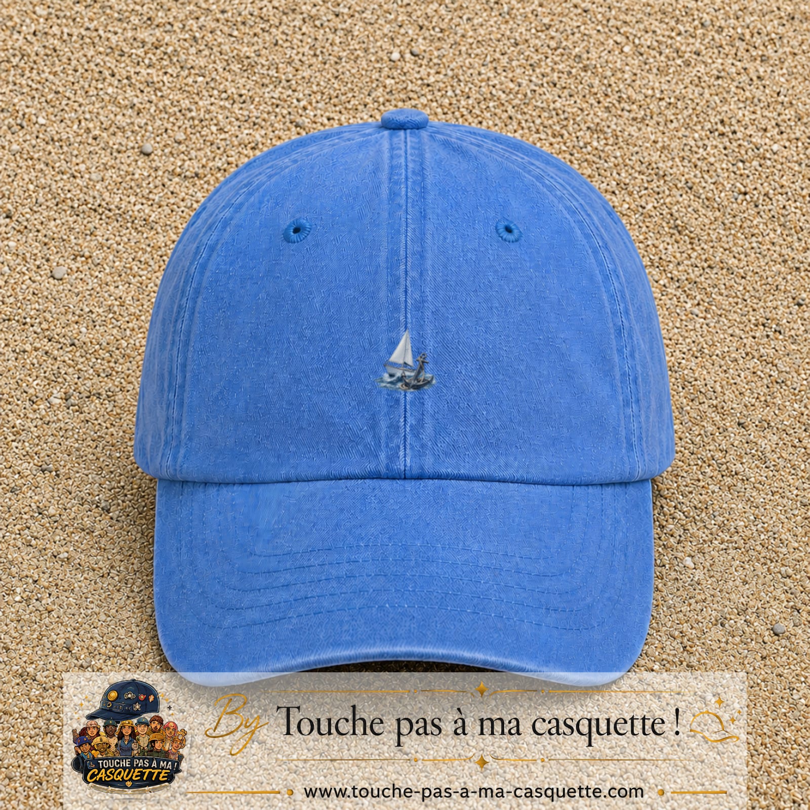 Image principale casquette Bleu ciel délavé avec motif Voilier et ancre 3 cm