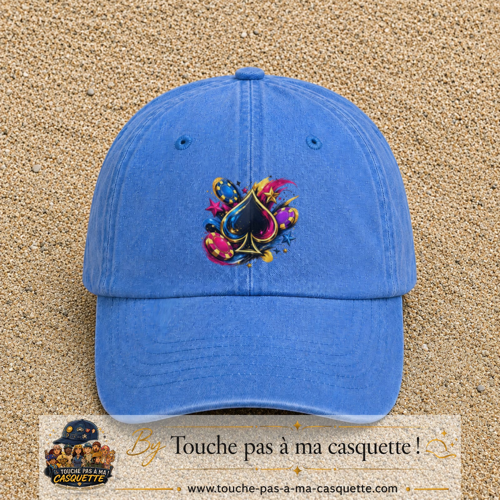 Casquette Bleu ciel délavé avec motif As de pique et jetons de poker en 7 cm – vue principale