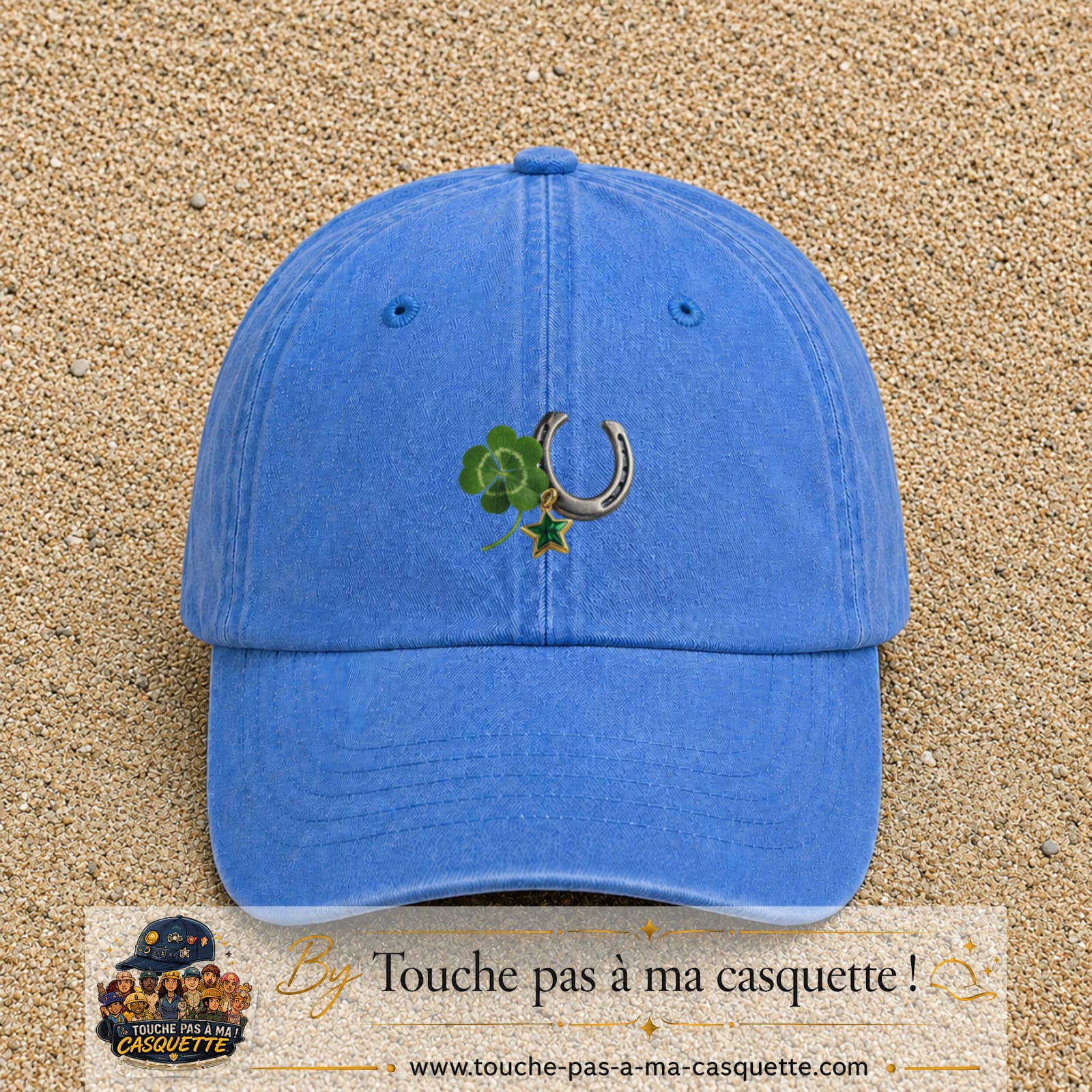 Image principale casquette Bleu ciel délavé avec motif Trèfle et fer à cheval 5 cm
