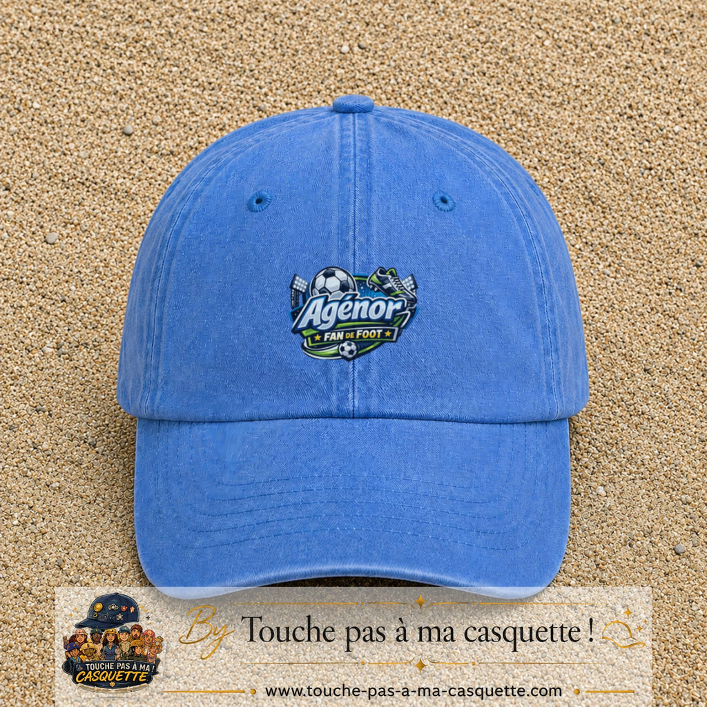 Casquette Bleu ciel délavé avec motif Agénor fan de foot en 5 cm – vue principale