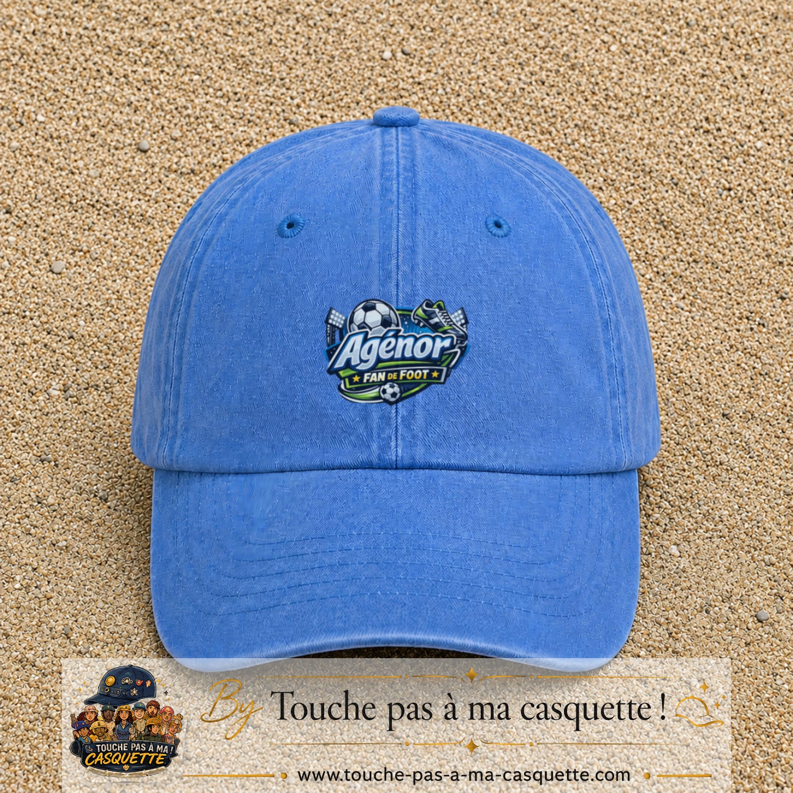 Casquette Bleu ciel délavé avec motif Agénor fan de foot en 5 cm – vue principale