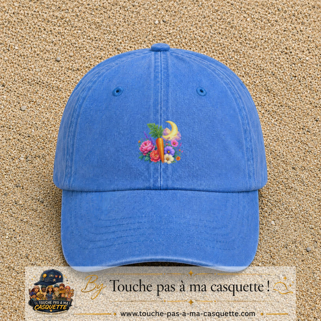Casquette Bleu ciel délavé motif Jardin carotte fleuri logo 5 cm