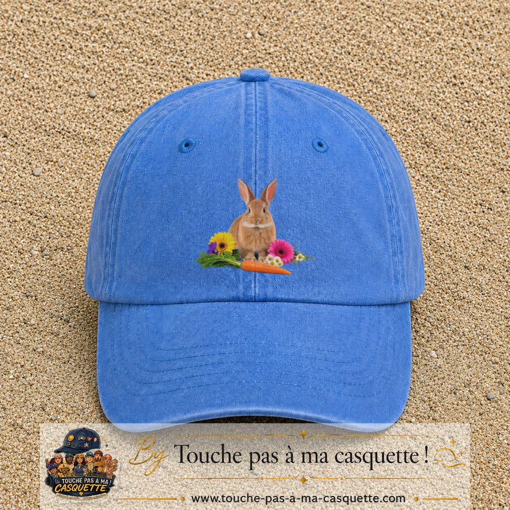 Image principale casquette Bleu ciel délavé avec motif Lapin fleuri 7 cm