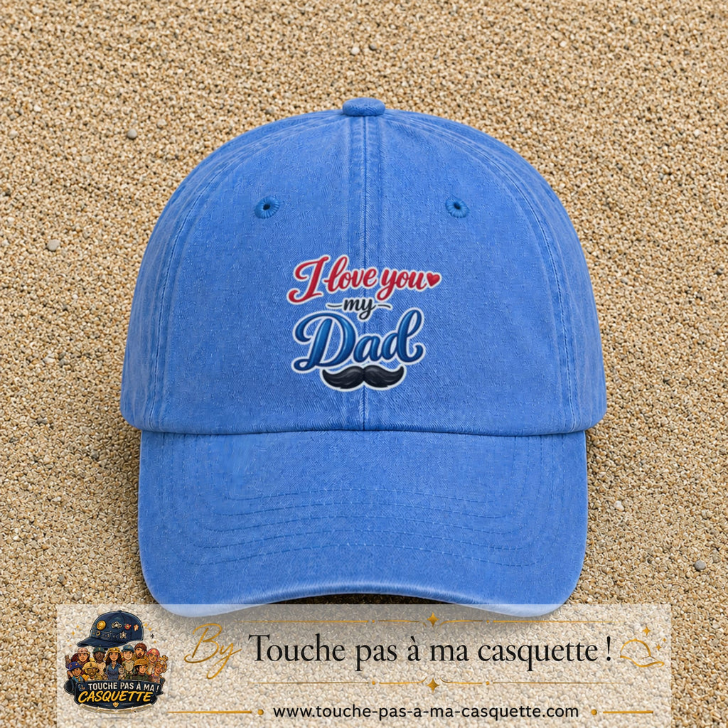 Casquette Bleu ciel délavé avec motif I Love You My Dad avec moustache en 7 cm – vue principale