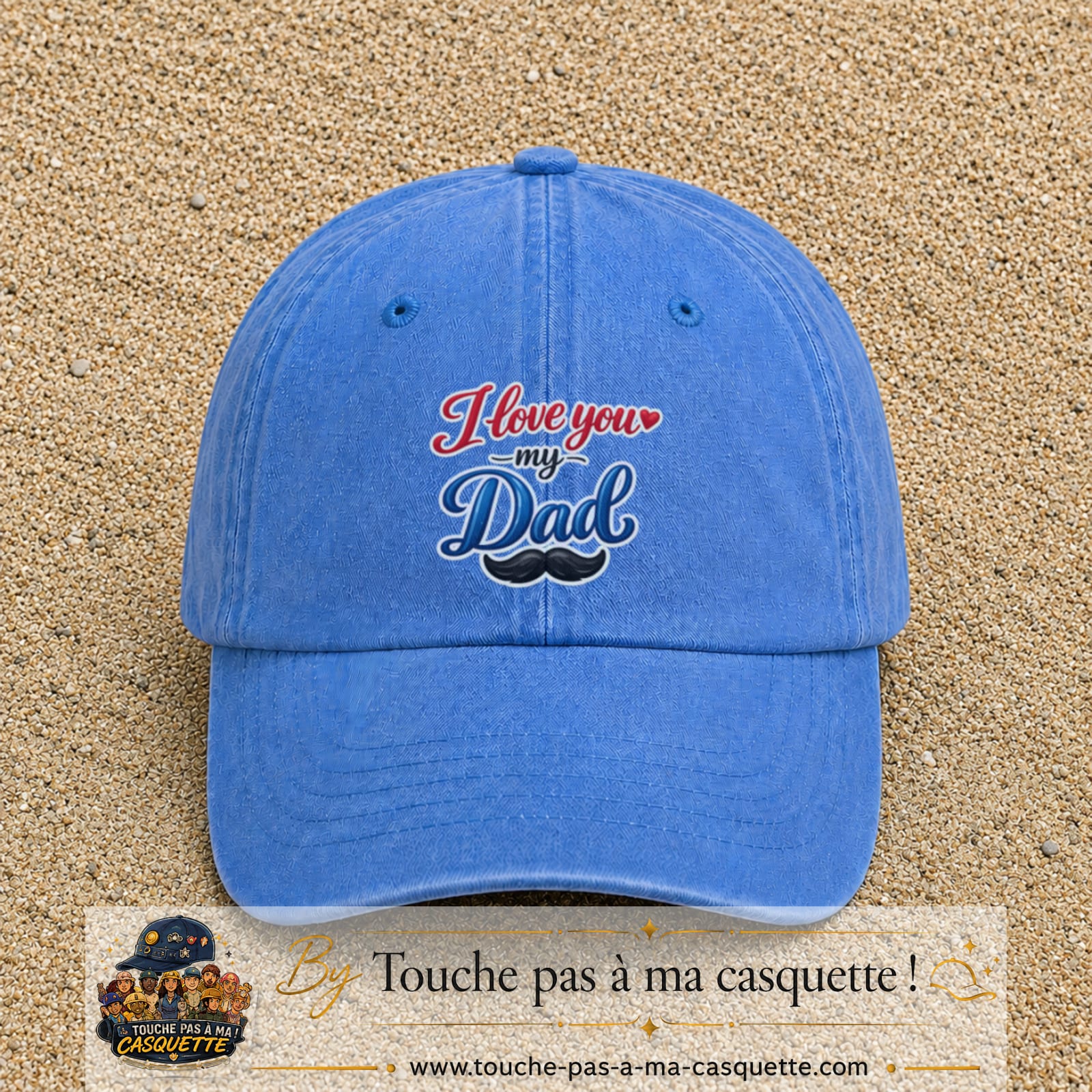 Casquette Bleu ciel délavé avec motif I Love You My Dad avec moustache en 7 cm – vue principale