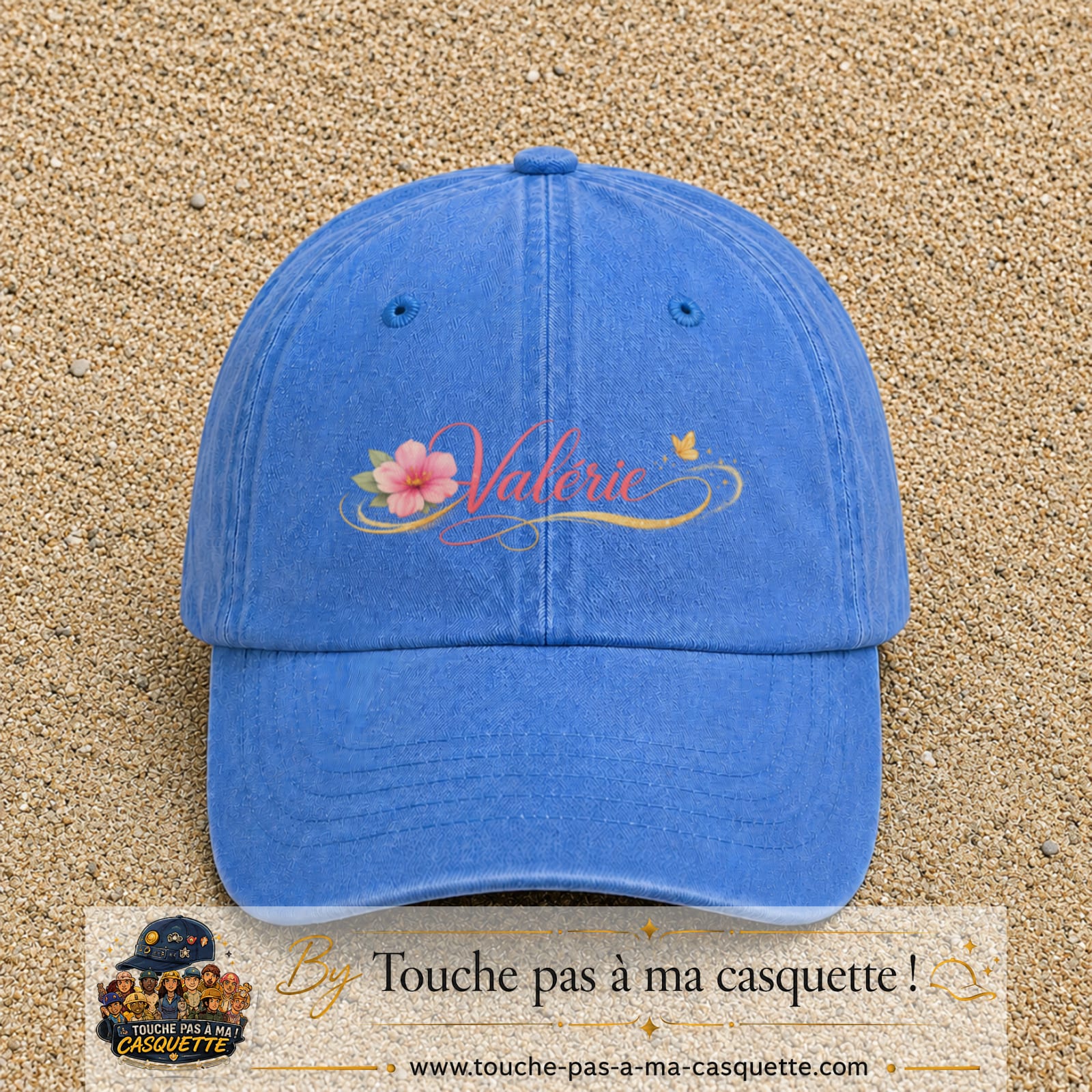 Casquette Bleu ciel délavé avec motif Prénom Valérie fleuri en 7 cm – vue principale