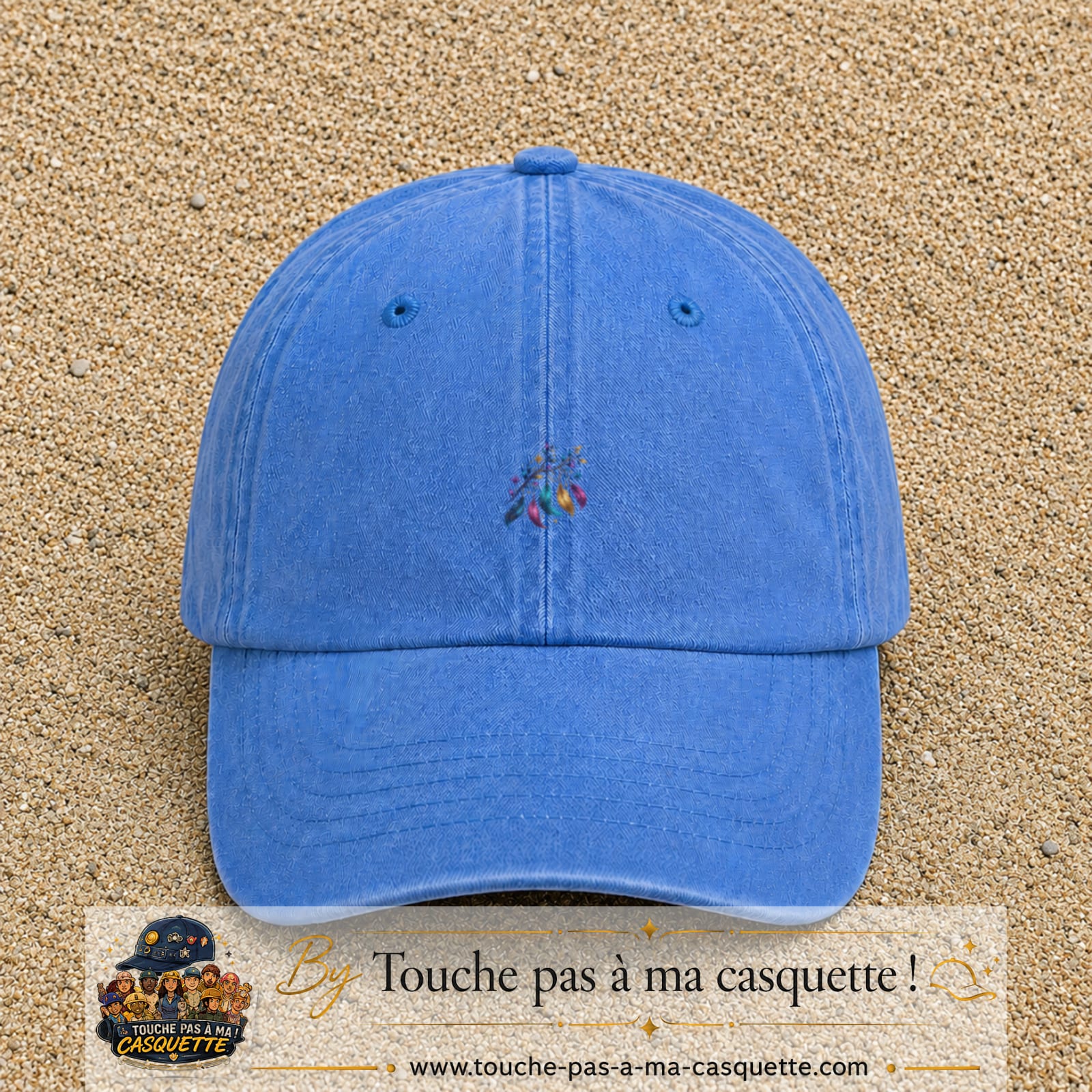 Casquette Bleu ciel délavé motif Plumes bohèmes logo 3 cm