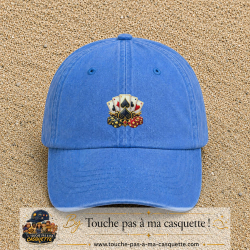Casquette Bleu ciel délavé motif Poker cartes et jetons logo 5 cm