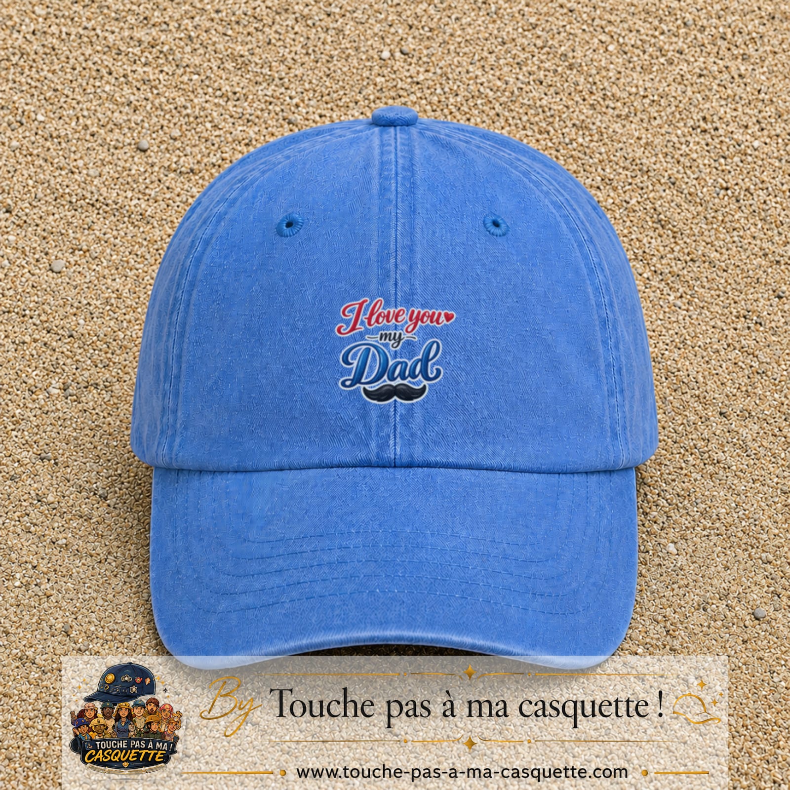 Casquette Bleu ciel délavé avec motif I Love You My Dad avec moustache en 5 cm – vue principale
