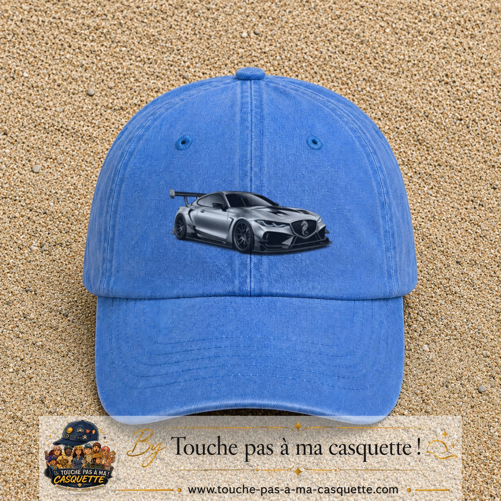 Casquette Bleu ciel délavé avec motif Voiture sportive en 5 cm – vue principale