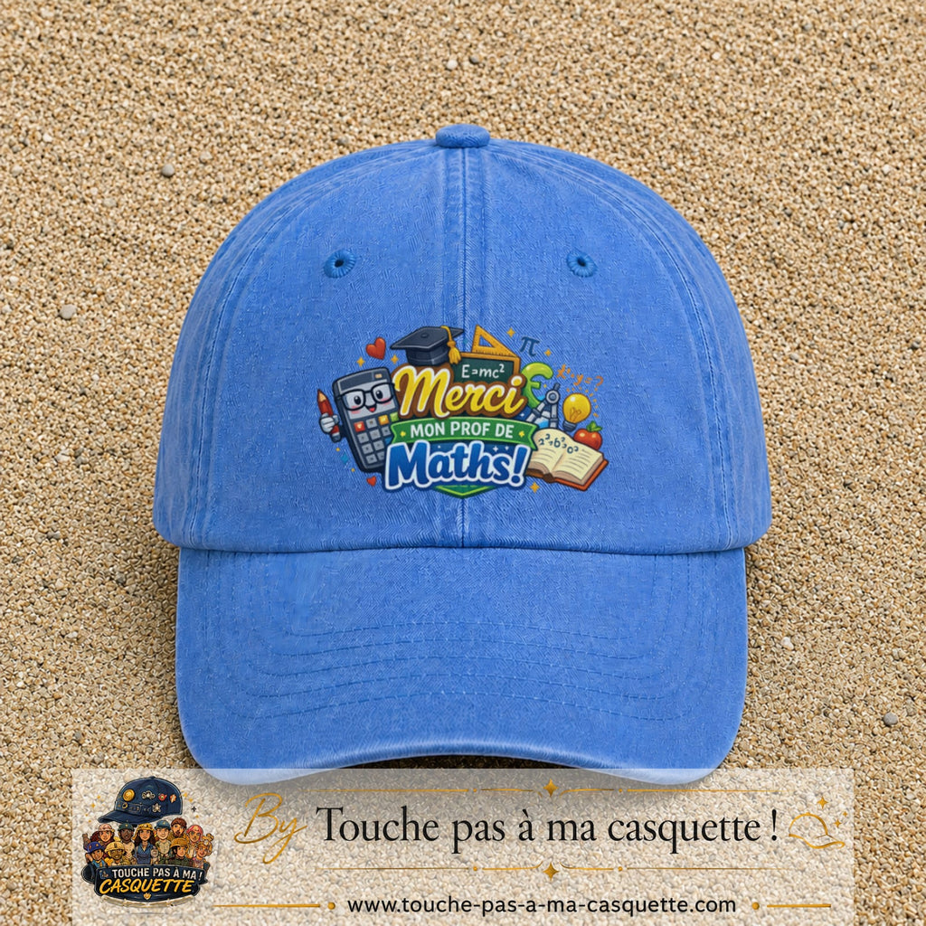 Casquette Bleu ciel délavé avec motif Merci mon prof de maths en 7 cm – vue principale