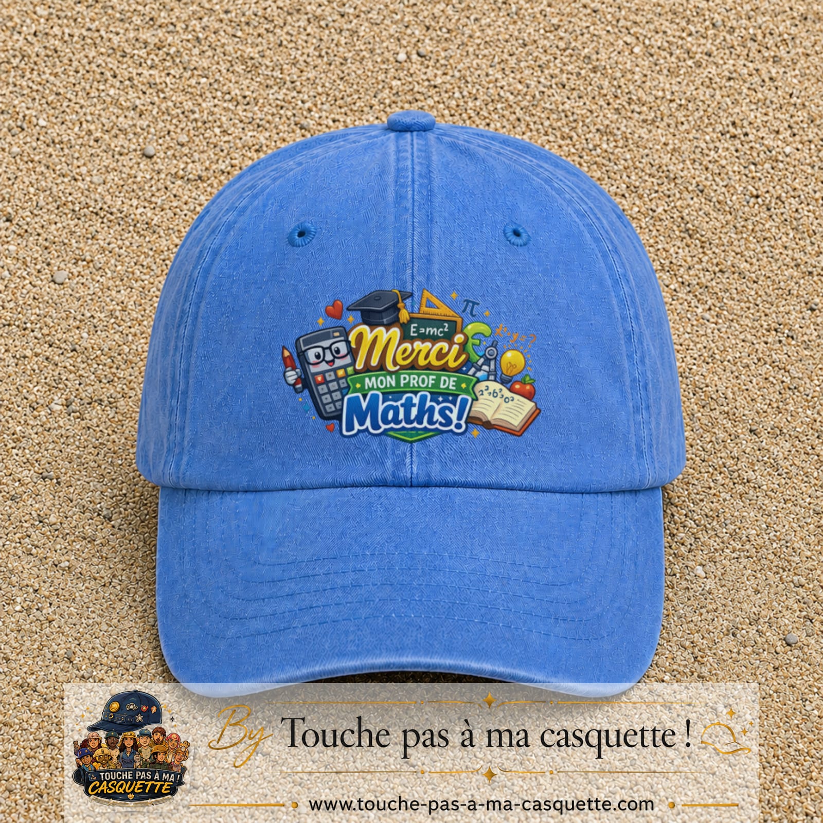 Casquette Bleu ciel délavé avec motif Merci mon prof de maths en 7 cm – vue principale