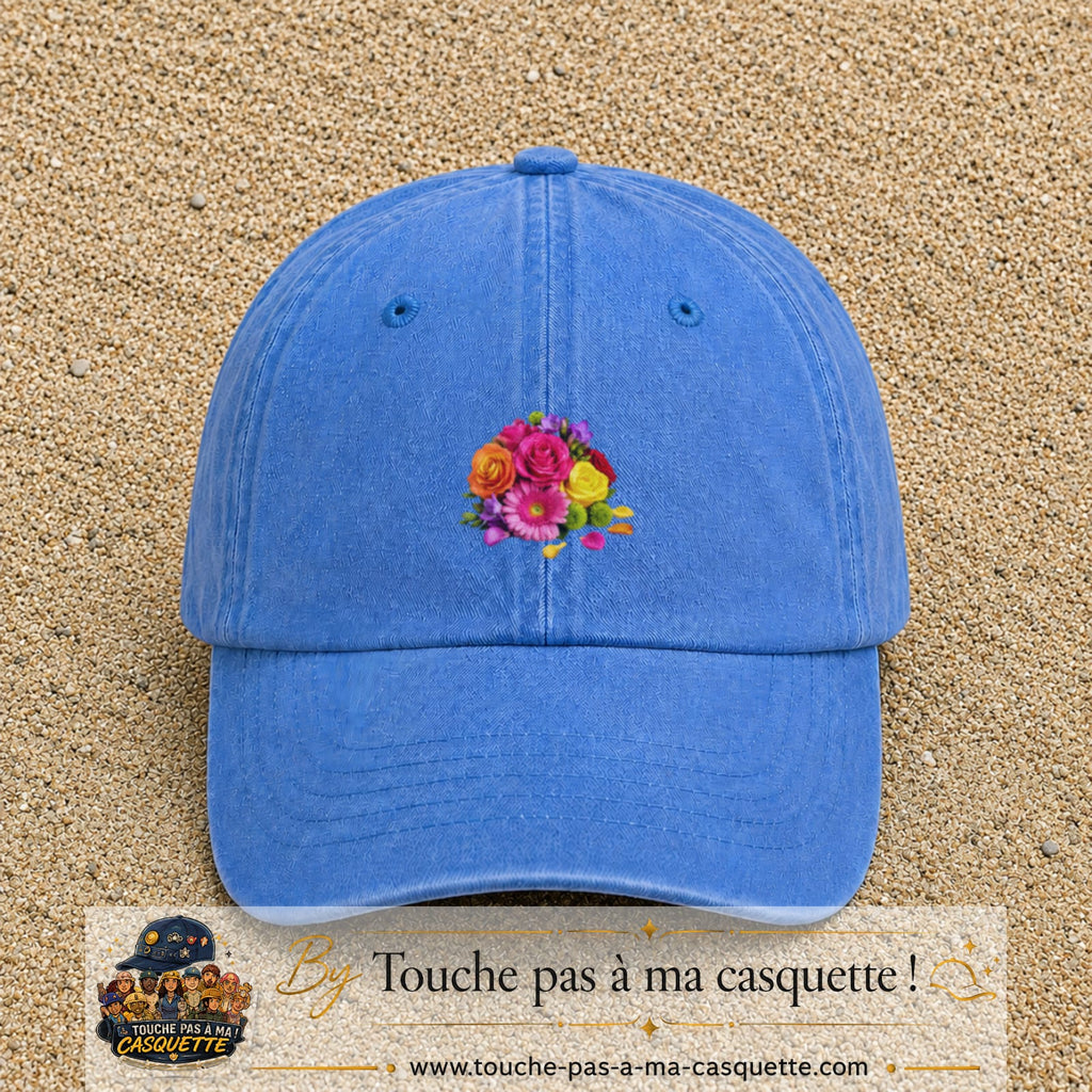 Casquette Bleu ciel délavé motif Bouquet de fleurs logo 5 cm