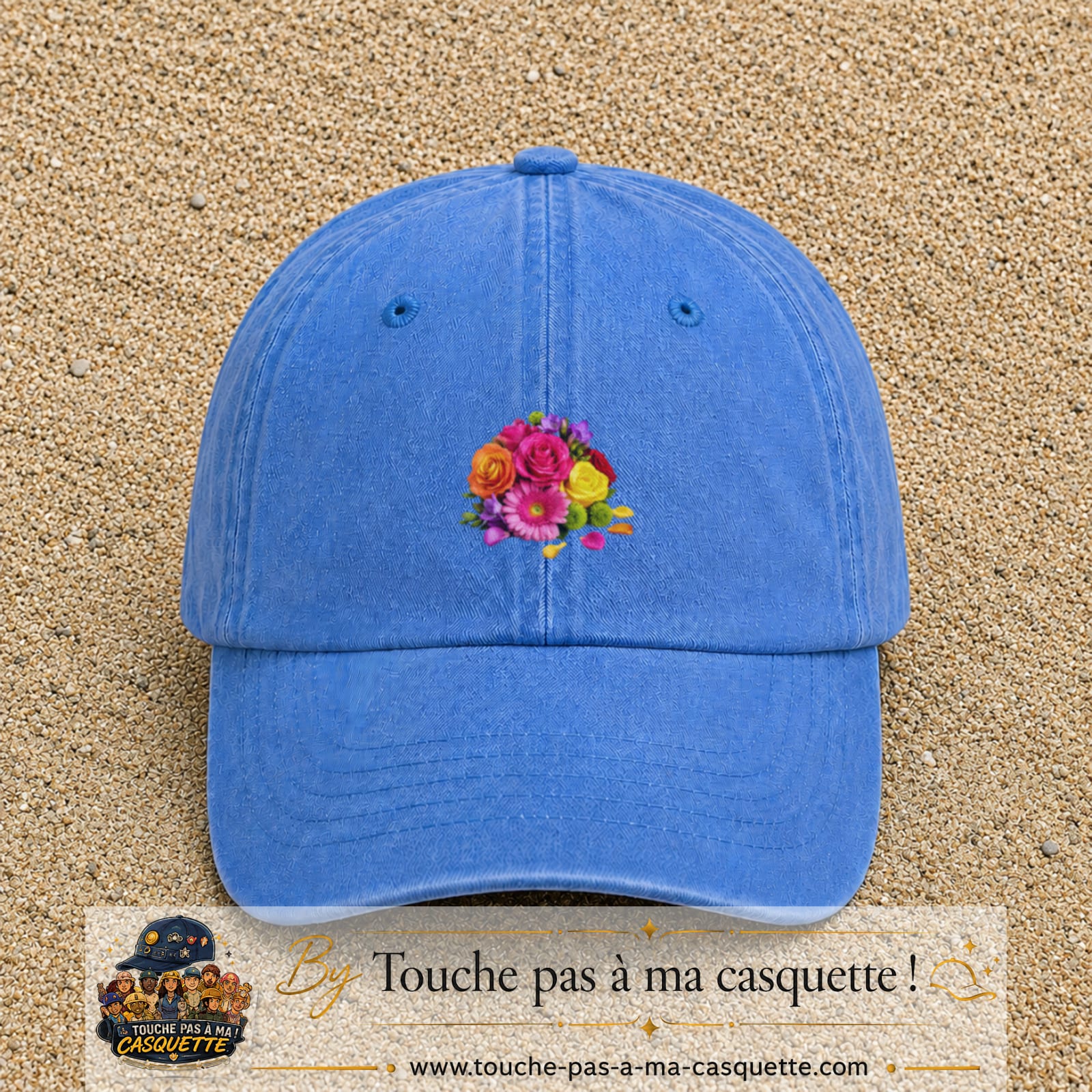 Casquette Bleu ciel délavé motif Bouquet de fleurs logo 5 cm