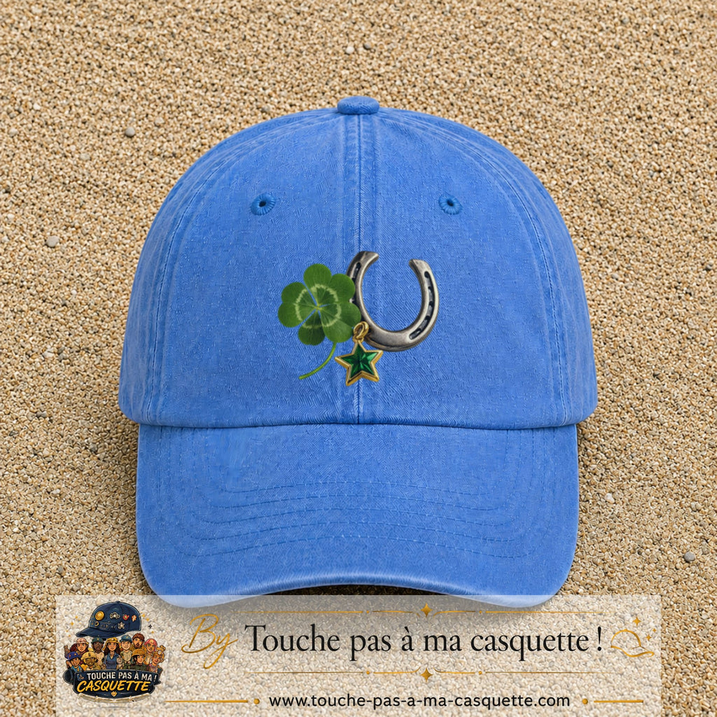 Image principale casquette Bleu ciel délavé avec motif Trèfle et fer à cheval 7 cm