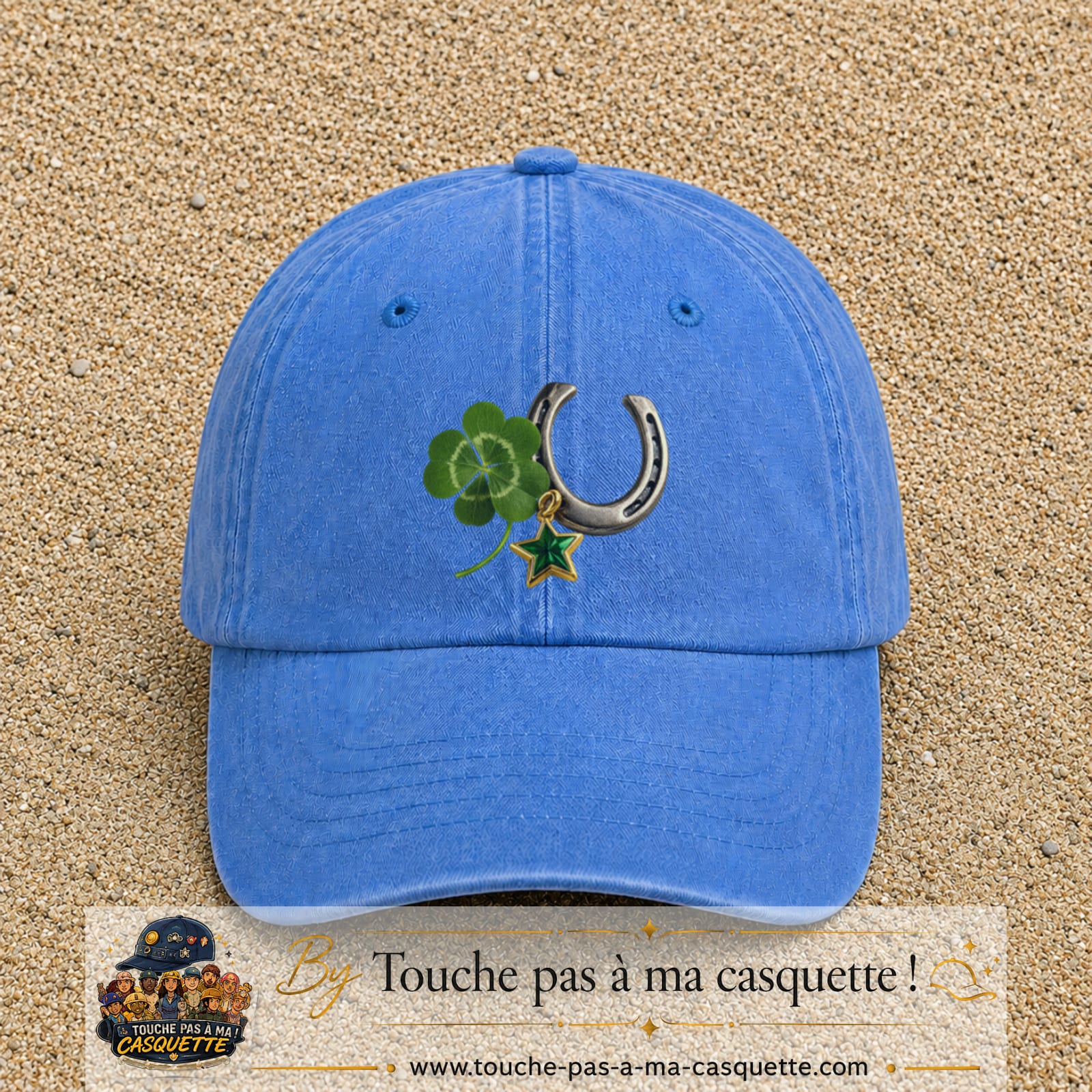 Image principale casquette Bleu ciel délavé avec motif Trèfle et fer à cheval 7 cm