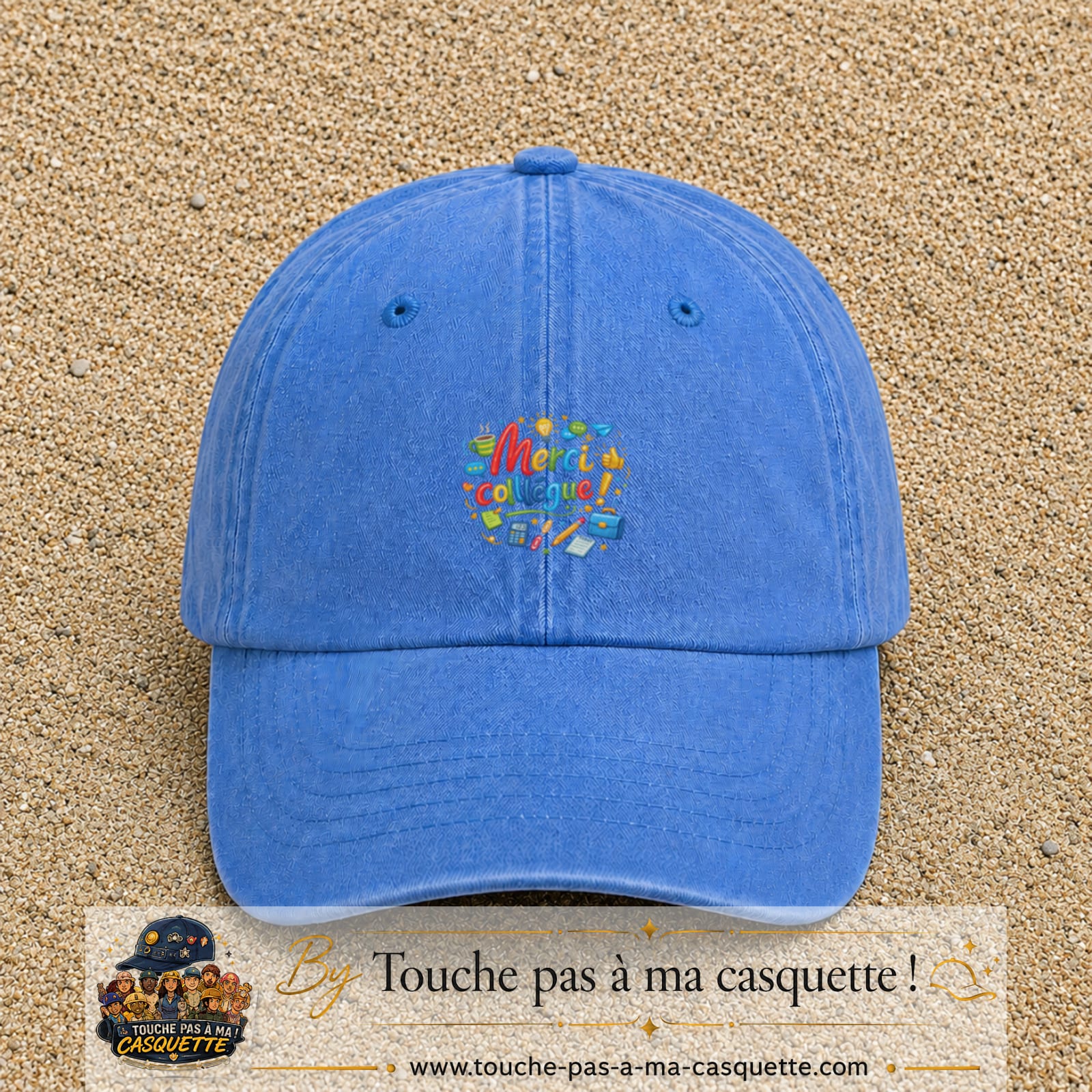 Casquette Bleu ciel délavé avec motif Merci collègue en 5 cm – vue principale