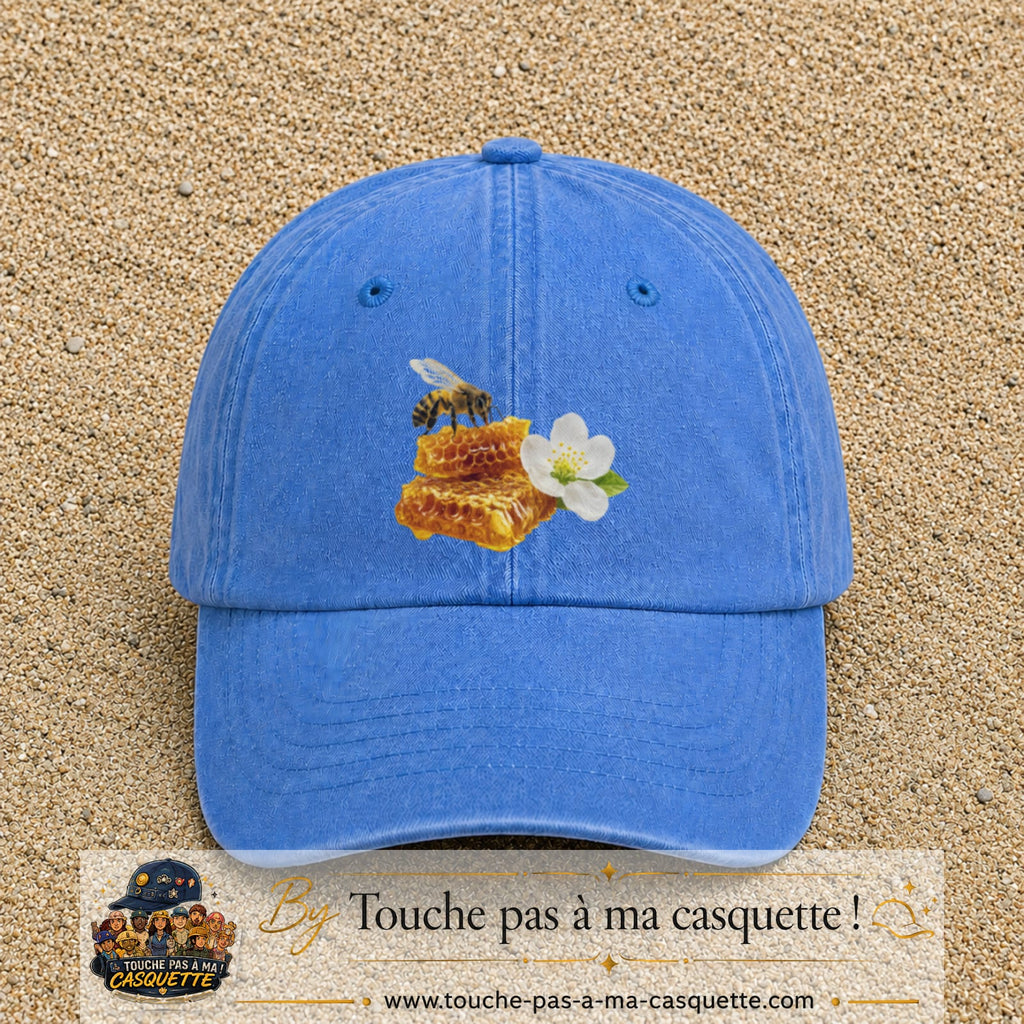 Image principale casquette Bleu ciel délavé avec motif Abeille et miel 7 cm