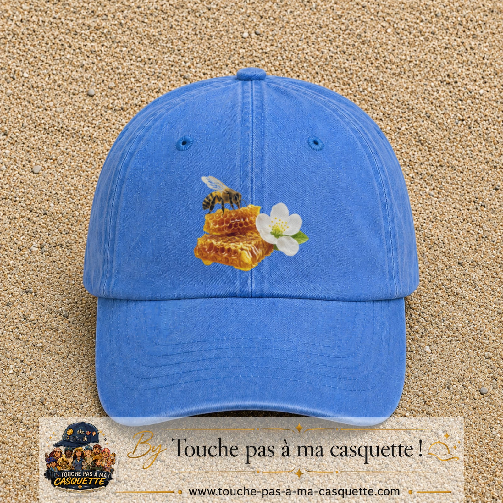 Image principale casquette Bleu ciel délavé avec motif Abeille et miel 7 cm